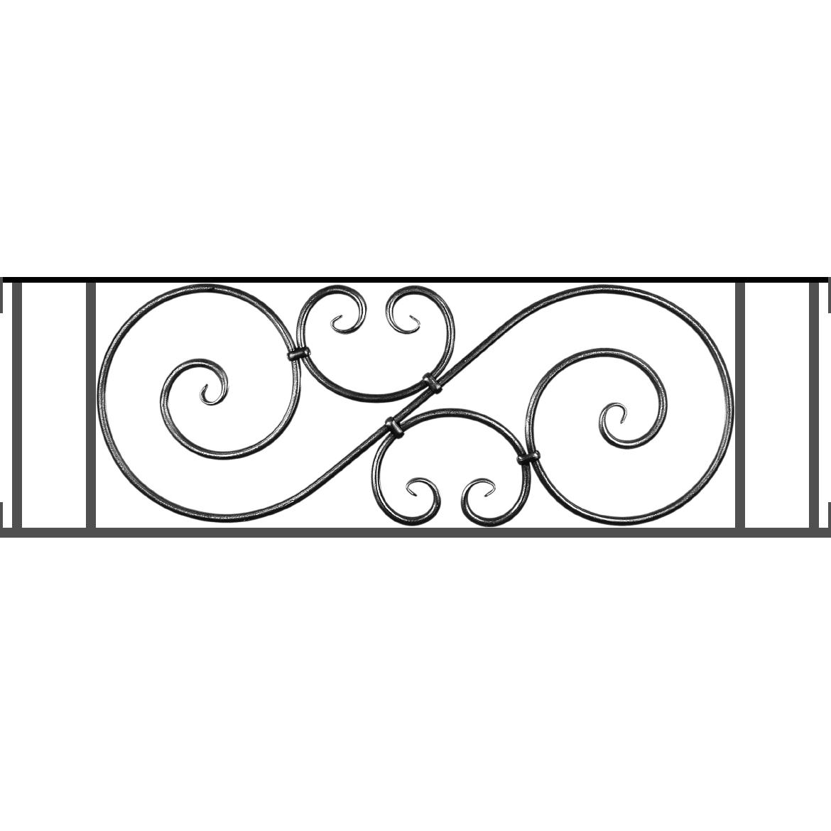 Appui de fenêtre type AF007 à visser dans votre tableau de fenêtre. Longueur finie de 1170mm et Hauteur finie de 367mm. Convient pour les tableaux de fenêtre de 1170mm. Main courante laminée de 1170mm de long en fer forgé sur le dessus. Motif au centre de 900mm de long par 345mm de haut. Le reste de la structure est en acier carré plein de 14mm de section.