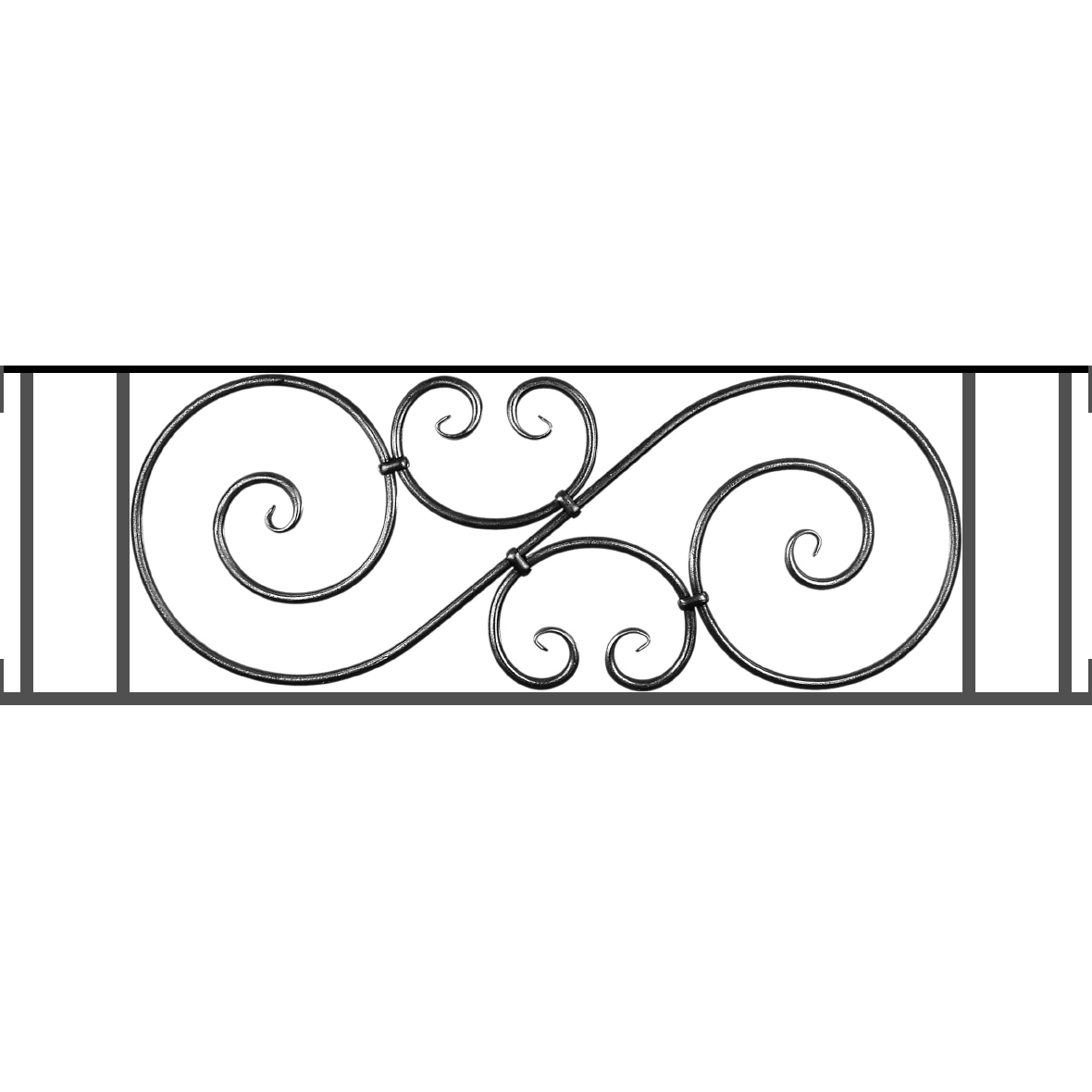 Appui de fenêtre type AF007 à visser dans votre tableau de fenêtre. Longueur finie de 1180mm et Hauteur finie de 367mm. Convient pour les tableaux de fenêtre de 1180mm. Main courante laminée de 1180mm de long en fer forgé sur le dessus. Motif au centre de 900mm de long par 345mm de haut. Le reste de la structure est en acier carré plein de 14mm de section.