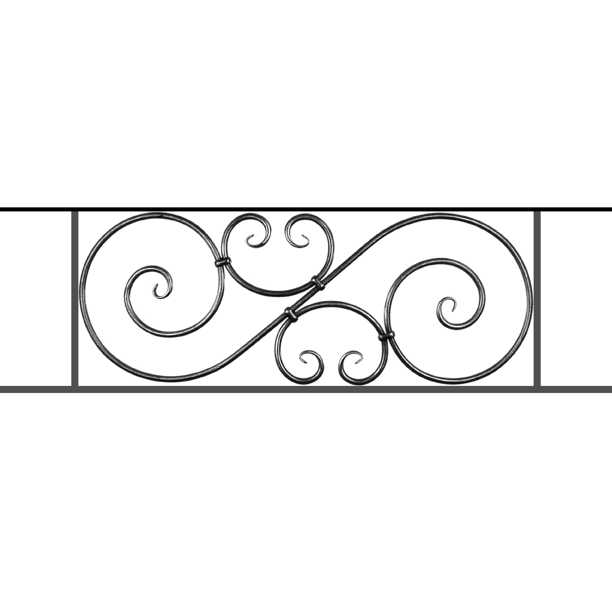 Appui de fenêtre type AF007 à sceller dans votre tableau de fenêtre. Longueur finie de 1210mm et Hauteur finie de 367mm. Convient pour les tableaux de fenêtre de 1110mm. 50mm de scellement sont prévue de chaque côté. Main courante laminée de 1110mm de long en fer forgé sur le dessus. Motif au centre de 900mm de long par 345mm de haut. Le reste de la structure est en acier carré plein de 14mm de section.