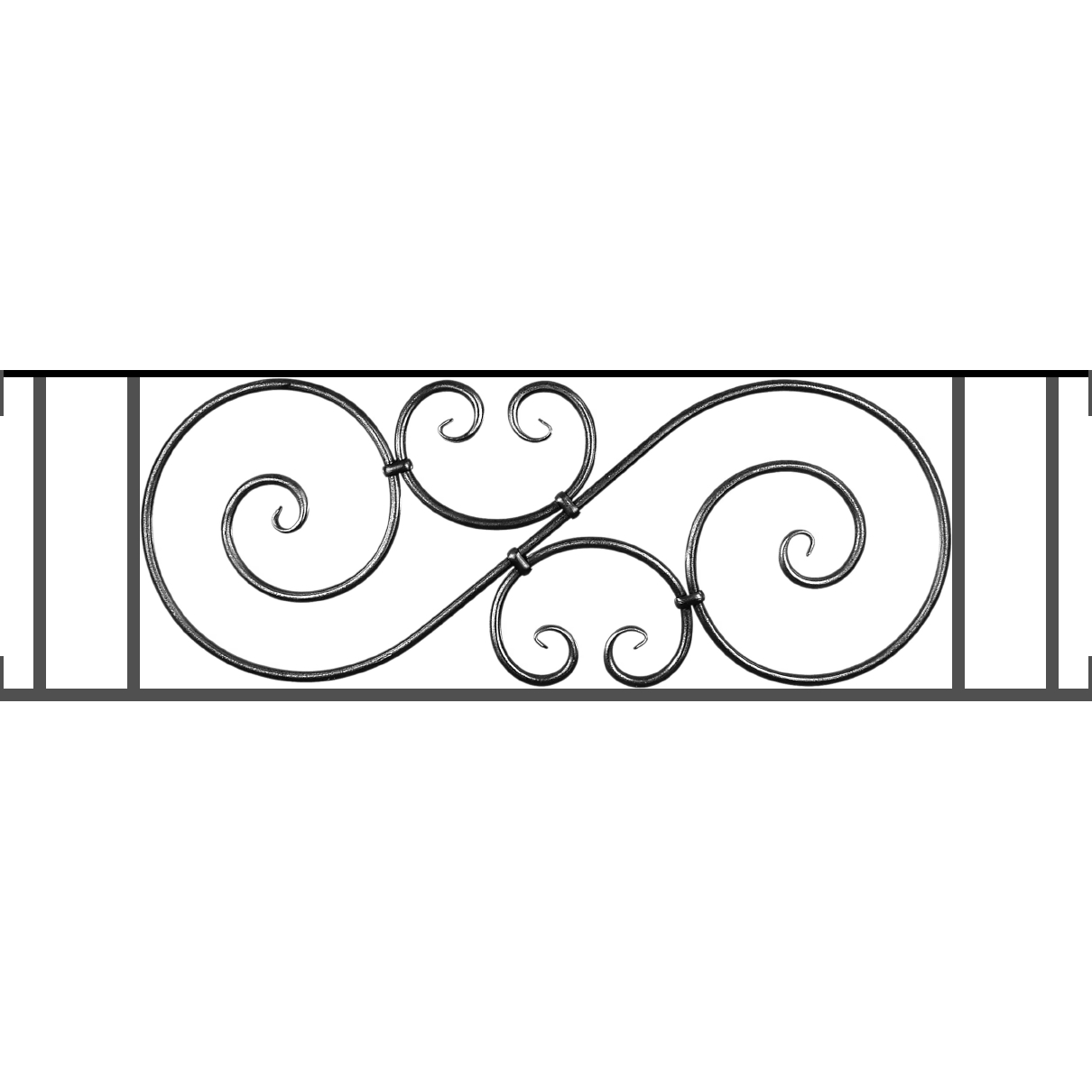 Appui de fenêtre type AF007 à visser dans votre tableau de fenêtre. Longueur finie de 1210mm et Hauteur finie de 367mm. Convient pour les tableaux de fenêtre de 1210mm. Main courante laminée de 1210mm de long en fer forgé sur le dessus. Motif au centre de 900mm de long par 345mm de haut. Le reste de la structure est en acier carré plein de 14mm de section.