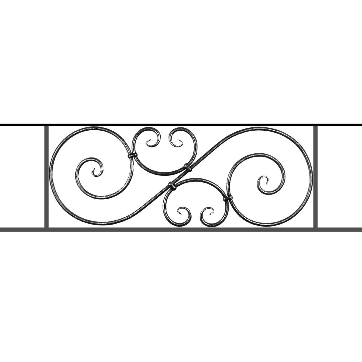 Appui de fenêtre type AF007 à sceller dans votre tableau de fenêtre. Longueur finie de 1230mm et Hauteur finie de 367mm. Convient pour les tableaux de fenêtre de 1130mm. 50mm de scellement sont prévue de chaque côté. Main courante laminée de 1130mm de long en fer forgé sur le dessus. Motif au centre de 900mm de long par 345mm de haut. Le reste de la structure est en acier carré plein de 14mm de section.