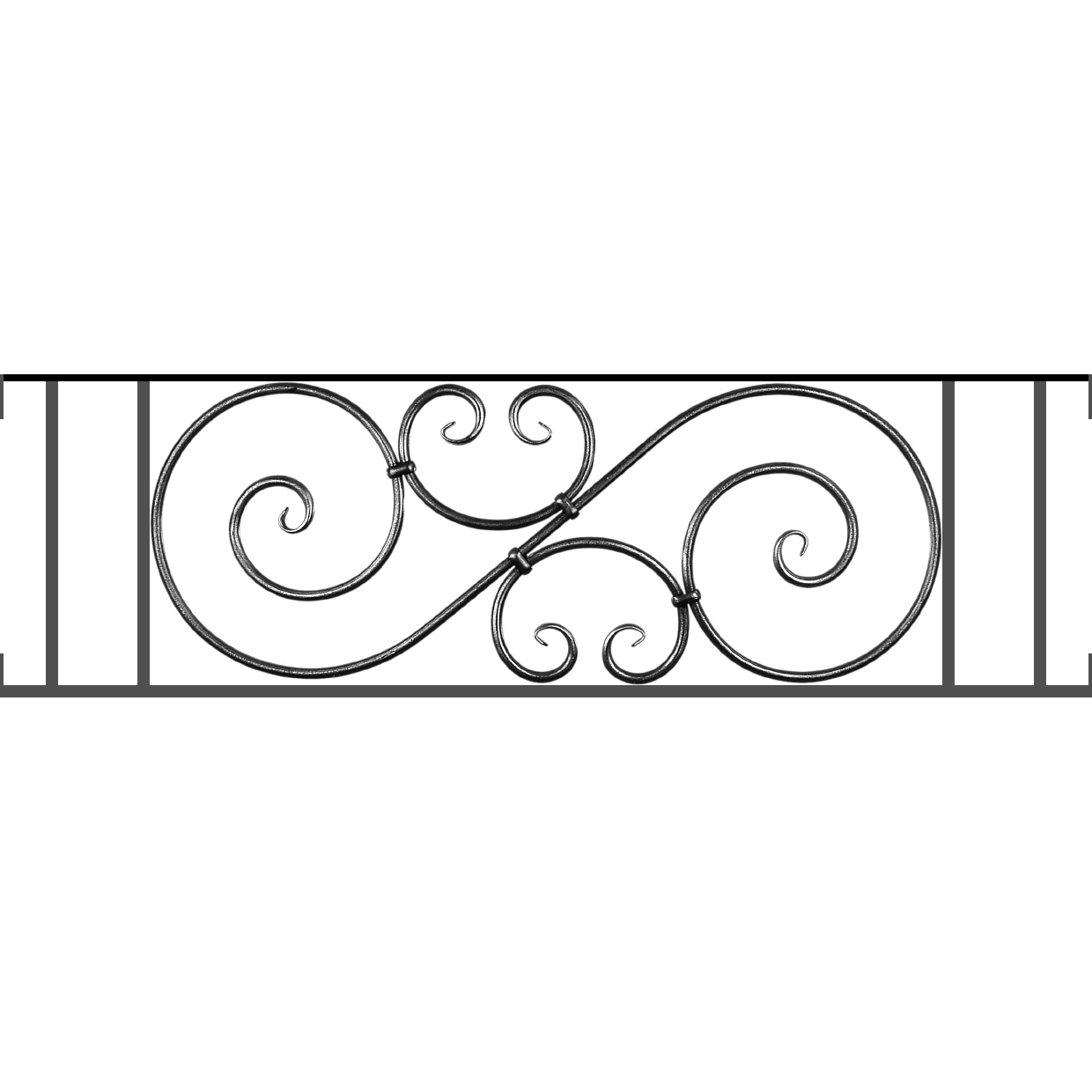 Appui de fenêtre type AF007 à visser dans votre tableau de fenêtre. Longueur finie de 1240mm et Hauteur finie de 367mm. Convient pour les tableaux de fenêtre de 1240mm. Main courante laminée de 1240mm de long en fer forgé sur le dessus. Motif au centre de 900mm de long par 345mm de haut. Le reste de la structure est en acier carré plein de 14mm de section.