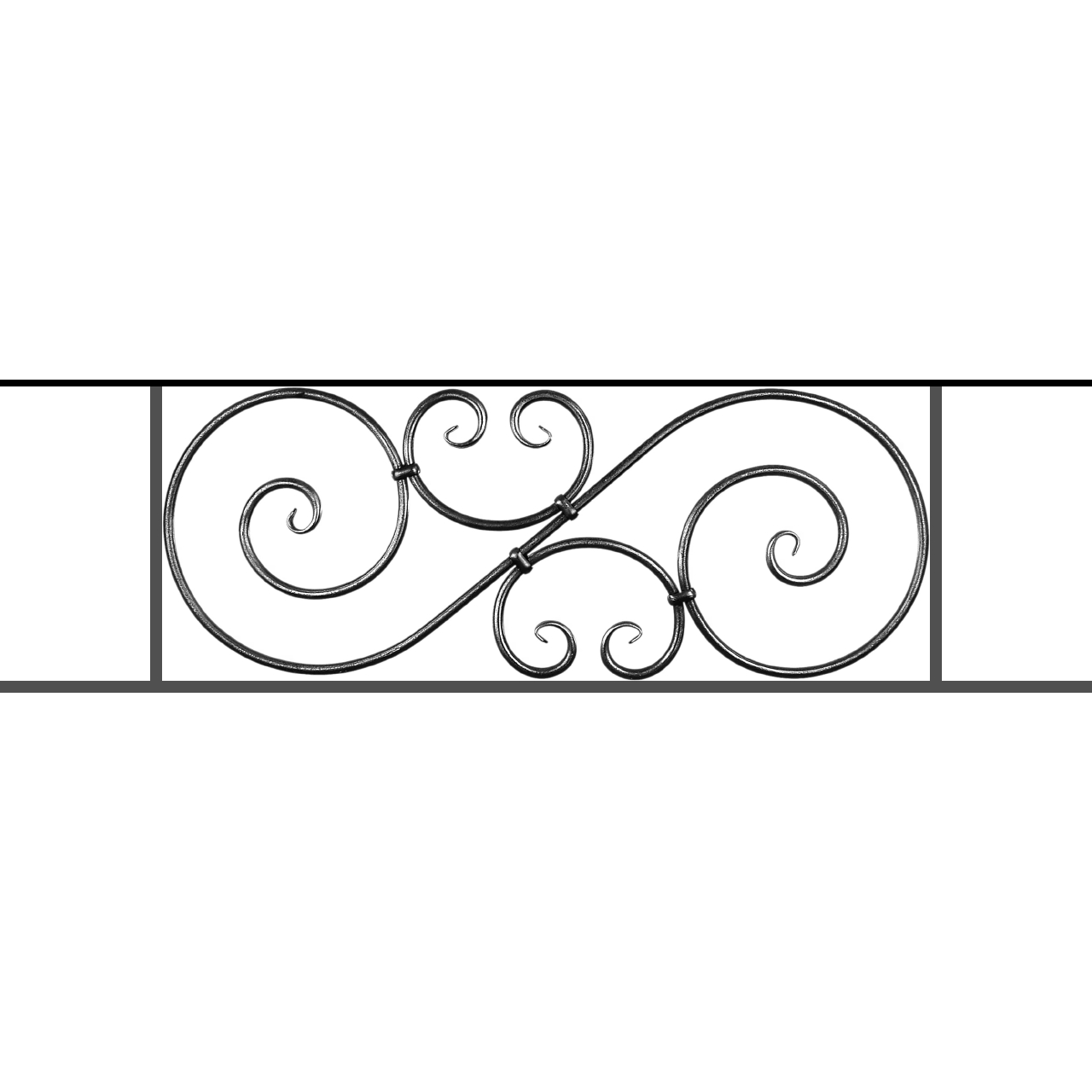 Appui de fenêtre type AF007 à sceller dans votre tableau de fenêtre. Longueur finie de 1280mm et Hauteur finie de 367mm. Convient pour les tableaux de fenêtre de 1180mm. 50mm de scellement sont prévue de chaque côté. Main courante laminée de 1180mm de long en fer forgé sur le dessus. Motif au centre de 900mm de long par 345mm de haut. Le reste de la structure est en acier carré plein de 14mm de section.
