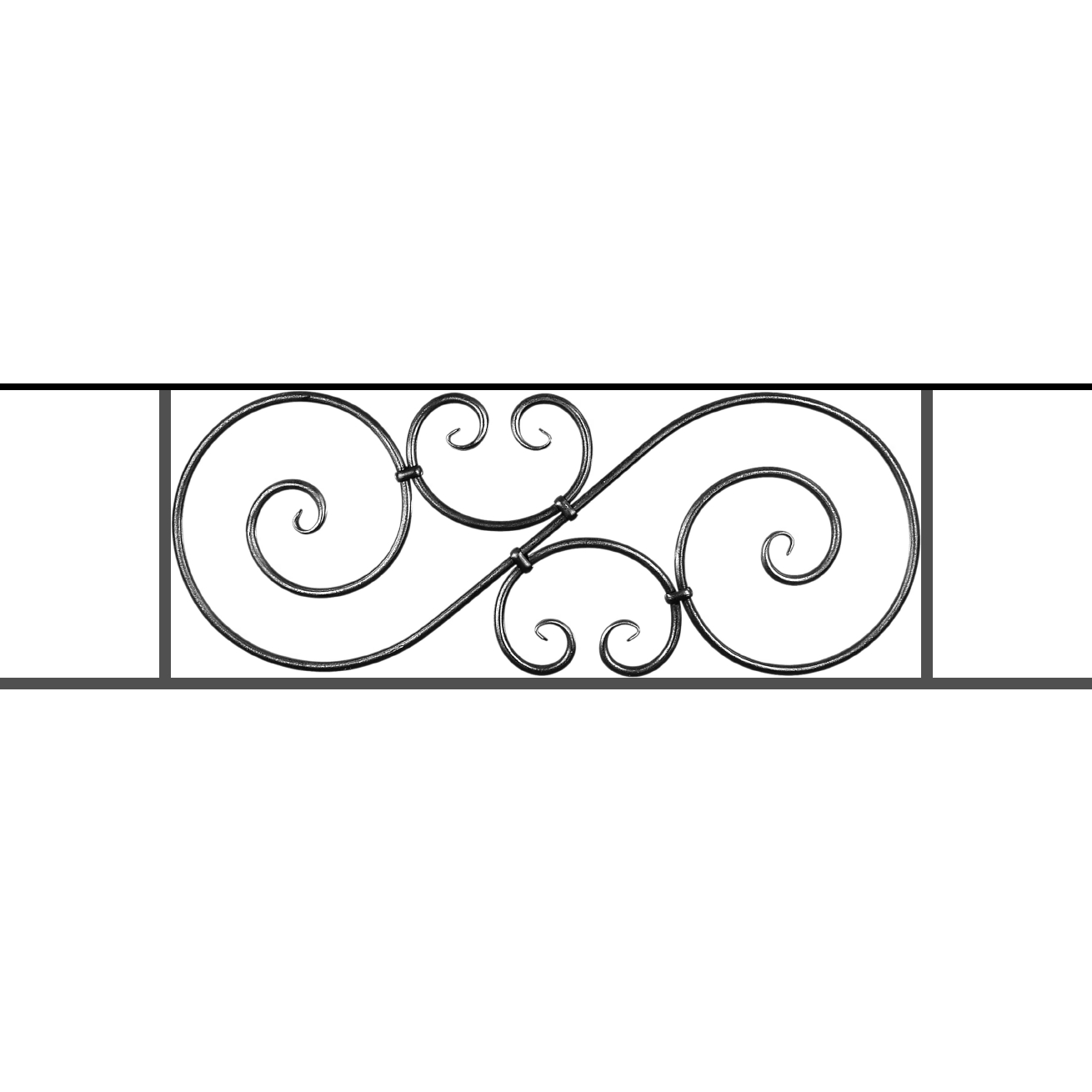 Appui de fenêtre type AF007 à sceller dans votre tableau de fenêtre. Longueur finie de 1310mm et Hauteur finie de 367mm. Convient pour les tableaux de fenêtre de 1210mm. 50mm de scellement sont prévue de chaque côté. Main courante laminée de 1210mm de long en fer forgé sur le dessus. Motif au centre de 900mm de long par 345mm de haut. Le reste de la structure est en acier carré plein de 14mm de section.