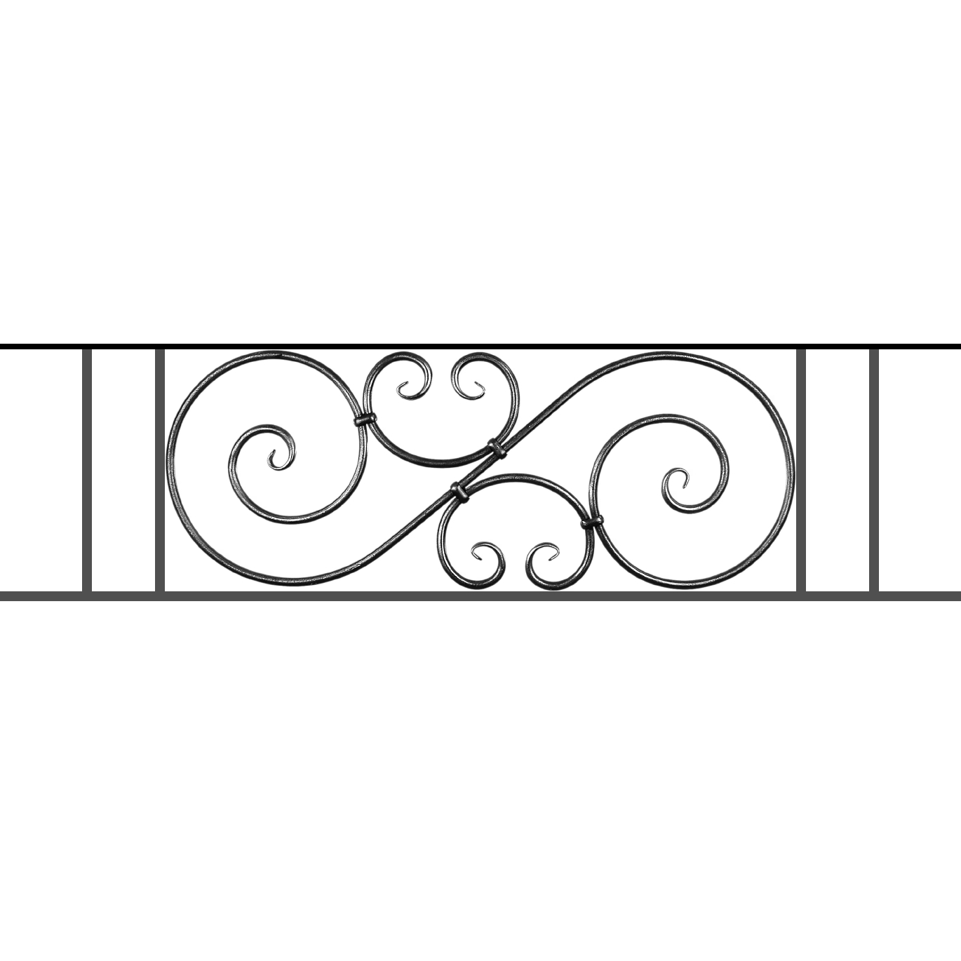 Appui de fenêtre type AF007 à sceller dans votre tableau de fenêtre. Longueur finie de 1370mm et Hauteur finie de 367mm. Convient pour les tableaux de fenêtre de 1270mm. 50mm de scellement sont prévue de chaque côté. Main courante laminée de 1270mm de long en fer forgé sur le dessus. Motif au centre de 900mm de long par 345mm de haut. Le reste de la structure est en acier carré plein de 14mm de section.