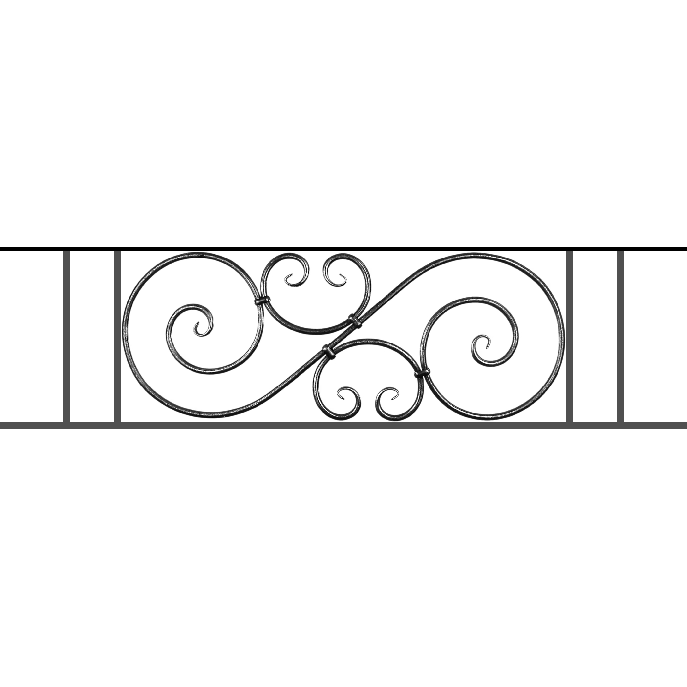 Appui de fenêtre type AF007 à sceller dans votre tableau de fenêtre. Longueur finie de 1390mm et Hauteur finie de 367mm. Convient pour les tableaux de fenêtre de 1290mm. 50mm de scellement sont prévue de chaque côté. Main courante laminée de 1290mm de long en fer forgé sur le dessus. Motif au centre de 900mm de long par 345mm de haut. Le reste de la structure est en acier carré plein de 14mm de section.