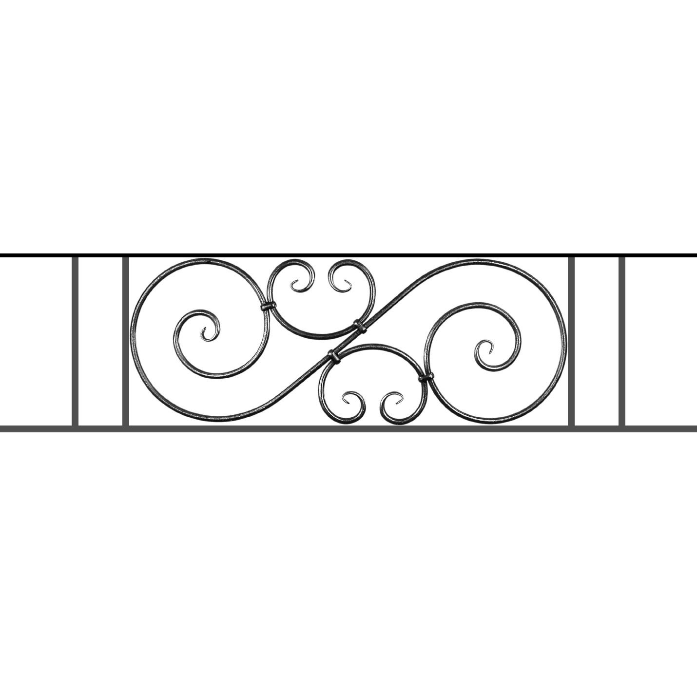 Appui de fenêtre type AF007 à sceller dans votre tableau de fenêtre. Longueur finie de 1430mm et Hauteur finie de 367mm. Convient pour les tableaux de fenêtre de 1330mm. 50mm de scellement sont prévue de chaque côté. Main courante laminée de 1330mm de long en fer forgé sur le dessus. Motif au centre de 900mm de long par 345mm de haut. Le reste de la structure est en acier carré plein de 14mm de section.