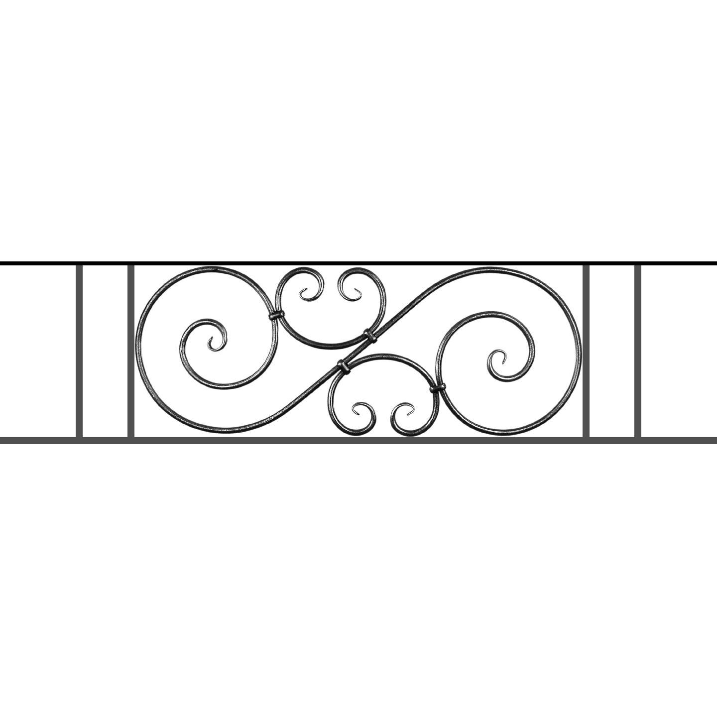 Appui de fenêtre type AF007 à sceller dans votre tableau de fenêtre. Longueur finie de 1440mm et Hauteur finie de 367mm. Convient pour les tableaux de fenêtre de 1340mm. 50mm de scellement sont prévue de chaque côté. Main courante laminée de 1340mm de long en fer forgé sur le dessus. Motif au centre de 900mm de long par 345mm de haut. Le reste de la structure est en acier carré plein de 14mm de section.