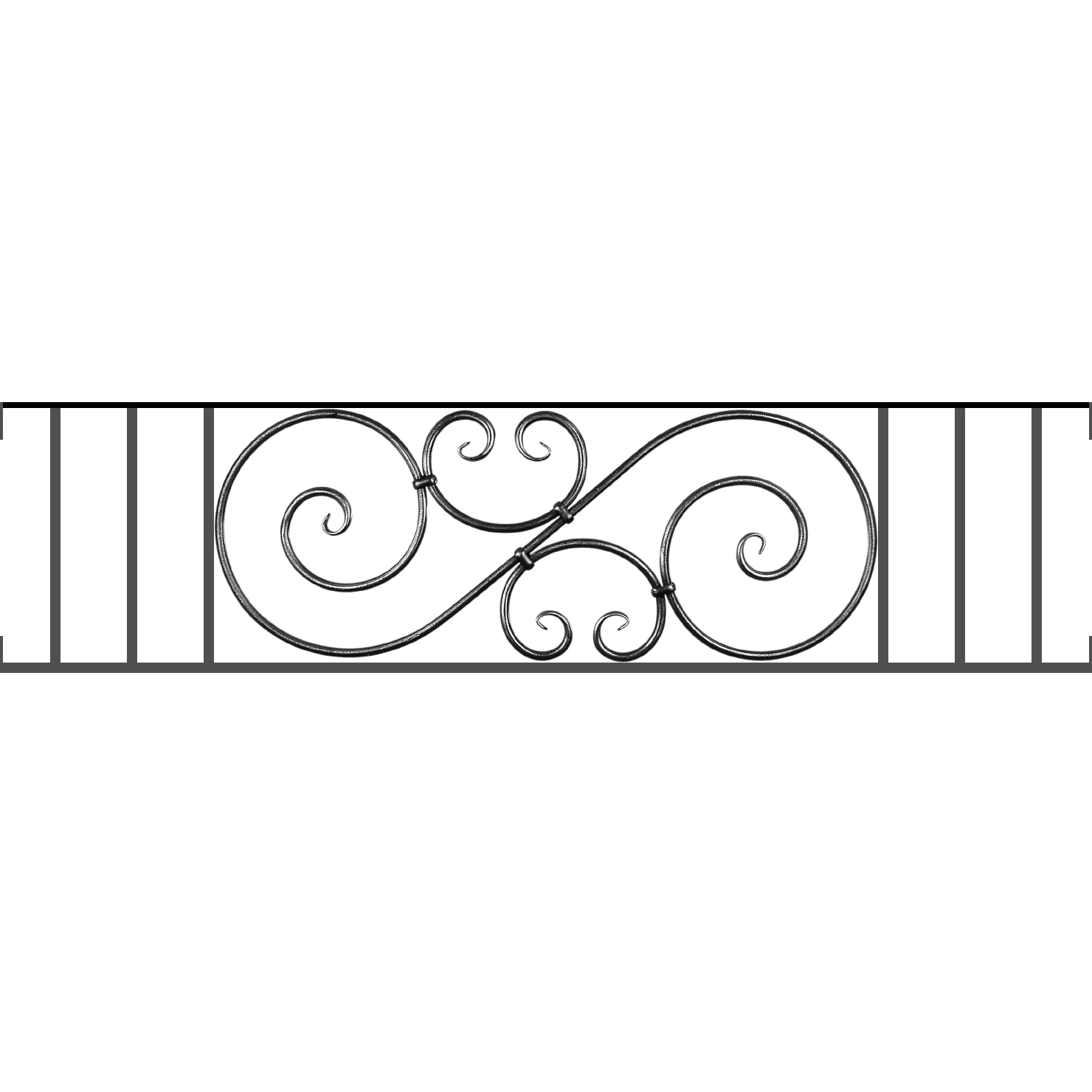 Appui de fenêtre type AF007 à visser dans votre tableau de fenêtre. Longueur finie de 1480mm et Hauteur finie de 367mm. Convient pour les tableaux de fenêtre de 1480mm. Main courante laminée de 1480mm de long en fer forgé sur le dessus. Motif au centre de 900mm de long par 345mm de haut. Le reste de la structure est en acier carré plein de 14mm de section.