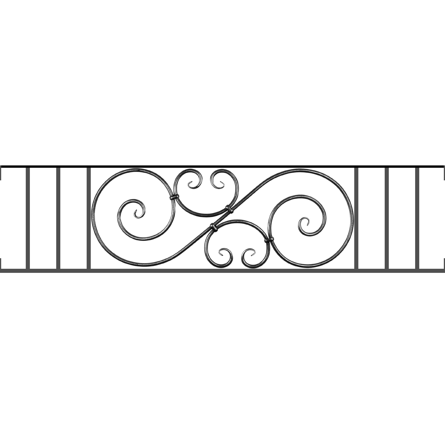Appui de fenêtre type AF007 à visser dans votre tableau de fenêtre. Longueur finie de 1520mm et Hauteur finie de 367mm. Convient pour les tableaux de fenêtre de 1520mm. Main courante laminée de 1520mm de long en fer forgé sur le dessus. Motif au centre de 900mm de long par 345mm de haut. Le reste de la structure est en acier carré plein de 14mm de section.