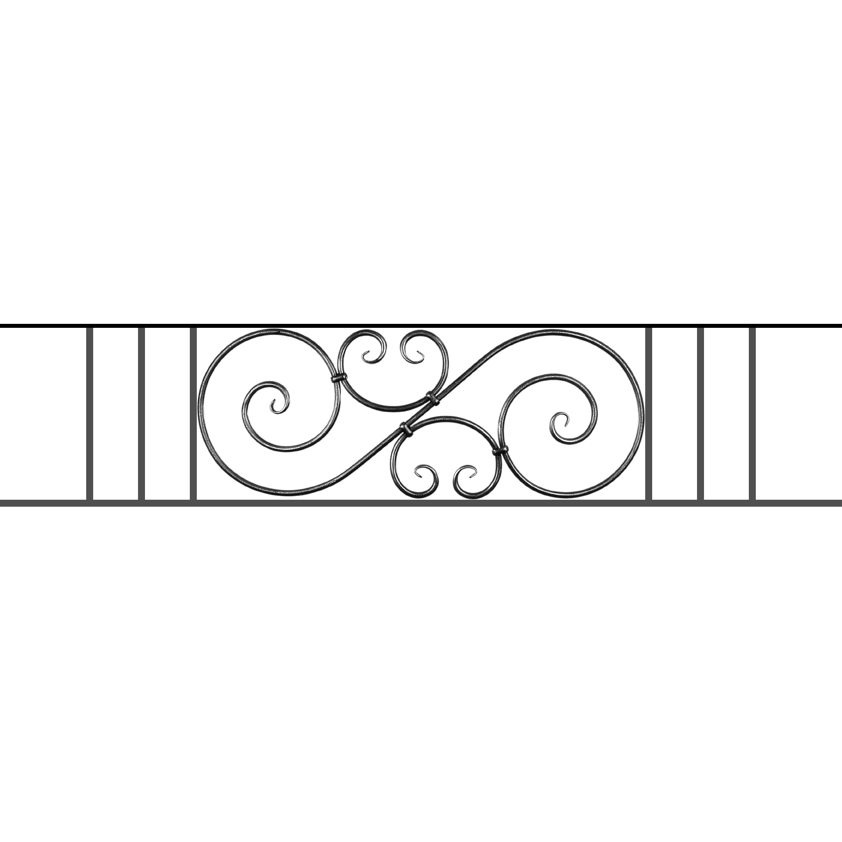 Appui de fenêtre type AF007 à sceller dans votre tableau de fenêtre. Longueur finie de 1690mm et Hauteur finie de 367mm. Convient pour les tableaux de fenêtre de 1590mm. 50mm de scellement sont prévue de chaque côté. Main courante laminée de 1590mm de long en fer forgé sur le dessus. Motif au centre de 900mm de long par 345mm de haut. Le reste de la structure est en acier carré plein de 14mm de section.