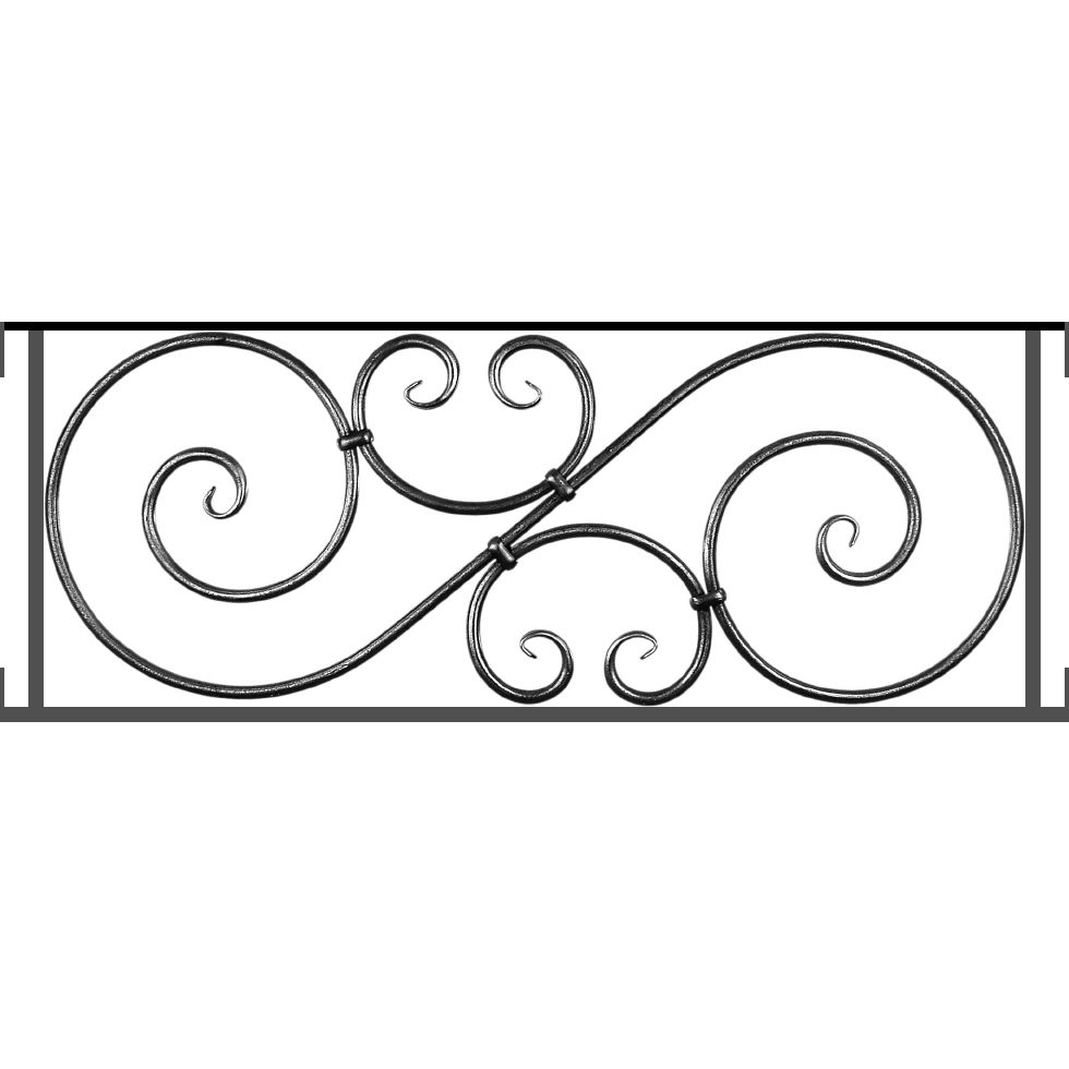 Appui de fenêtre type AF007 à visser dans votre tableau de fenêtre. Longueur finie de 980mm et Hauteur finie de 367mm. Convient pour les tableaux de fenêtre de 980mm. Main courante laminée de 980mm de long en fer forgé sur le dessus. Motif au centre de 900mm de long par 345mm de haut. Le reste de la structure est en acier carré plein de 14mm de section.