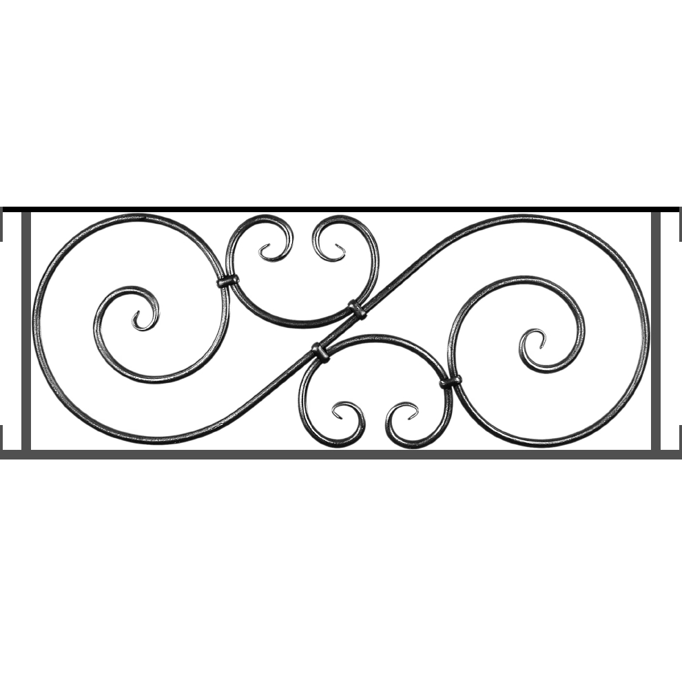 Appui de fenêtre type AF007 à visser dans votre tableau de fenêtre. Longueur finie de 990mm et Hauteur finie de 367mm. Convient pour les tableaux de fenêtre de 990mm. Main courante laminée de 990mm de long en fer forgé sur le dessus. Motif au centre de 900mm de long par 345mm de haut. Le reste de la structure est en acier carré plein de 14mm de section.