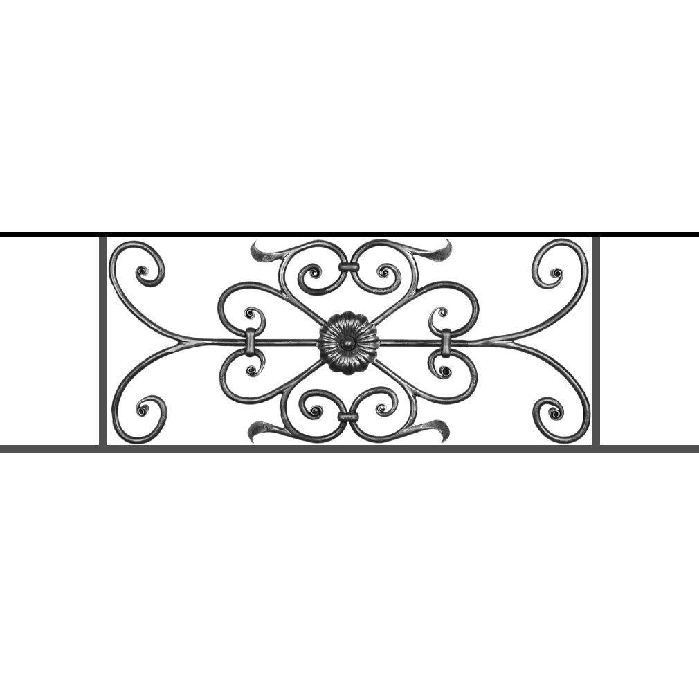 Appui de fenêtre type AF009 à sceller dans votre tableau de fenêtre. Longueur finie de 1010mm et Hauteur finie de 320mm. Convient pour les tableaux de fenêtre de 910mm. 50mm de scellement sont prévue de chaque côté. Main courante laminée de 910mm de long en fer forgé sur le dessus. Motif au centre de 700mm de long par 300mm de haut. Le reste de la structure est en acier carré plein de 12mm de section.