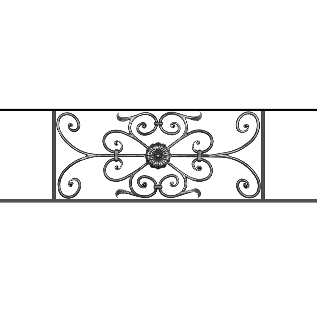 Appui de fenêtre type AF009 à sceller dans votre tableau de fenêtre. Longueur finie de 1080mm et Hauteur finie de 320mm. Convient pour les tableaux de fenêtre de 980mm. 50mm de scellement sont prévue de chaque côté. Main courante laminée de 980mm de long en fer forgé sur le dessus. Motif au centre de 700mm de long par 300mm de haut. Le reste de la structure est en acier carré plein de 12mm de section.