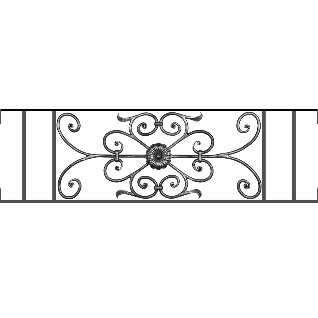 Appui de fenêtre type AF009 à visser dans votre tableau de fenêtre. Longueur finie de 1080mm et Hauteur finie de 320mm. Convient pour les tableaux de fenêtre de 1080mm. Main courante laminée de 1080mm de long en fer forgé sur le dessus. Motif au centre de 700mm de long par 300mm de haut. Le reste de la structure est en acier carré plein de 12mm de section.
