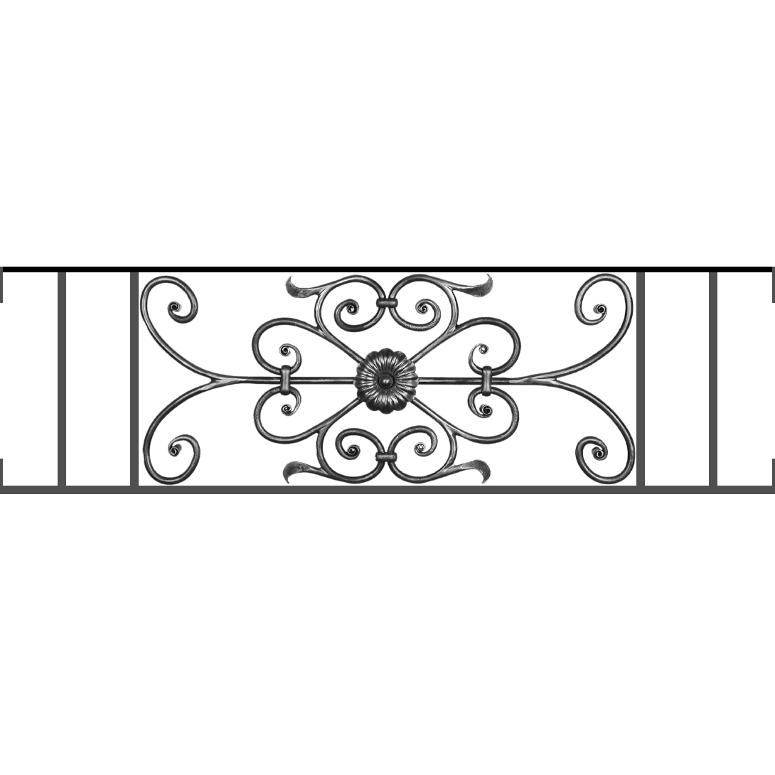 Appui de fenêtre type AF009 à visser dans votre tableau de fenêtre. Longueur finie de 1090mm et Hauteur finie de 320mm. Convient pour les tableaux de fenêtre de 1090mm. Main courante laminée de 1090mm de long en fer forgé sur le dessus. Motif au centre de 700mm de long par 300mm de haut. Le reste de la structure est en acier carré plein de 12mm de section.