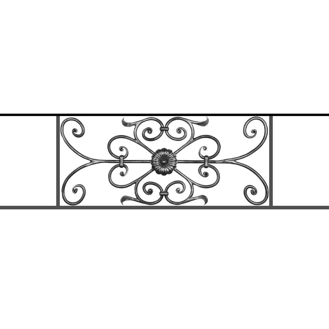 Appui de fenêtre type AF009 à sceller dans votre tableau de fenêtre. Longueur finie de 1100mm et Hauteur finie de 320mm. Convient pour les tableaux de fenêtre de 1000mm. 50mm de scellement sont prévue de chaque côté. Main courante laminée de 1000mm de long en fer forgé sur le dessus. Motif au centre de 700mm de long par 300mm de haut. Le reste de la structure est en acier carré plein de 12mm de section.