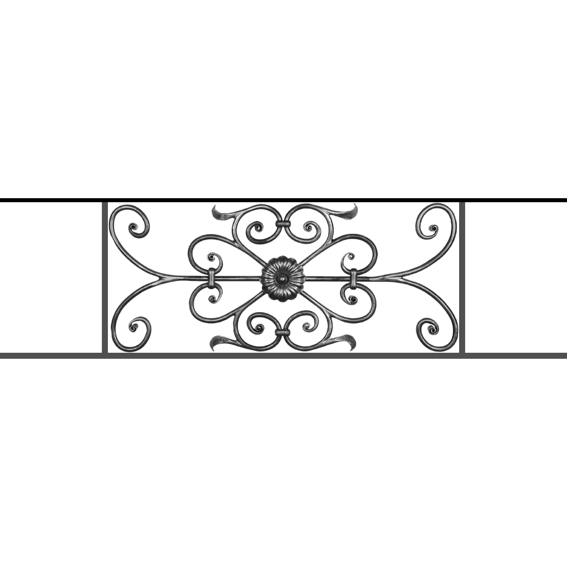Appui de fenêtre type AF009 à sceller dans votre tableau de fenêtre. Longueur finie de 1130mm et Hauteur finie de 320mm. Convient pour les tableaux de fenêtre de 1030mm. 50mm de scellement sont prévue de chaque côté. Main courante laminée de 1030mm de long en fer forgé sur le dessus. Motif au centre de 700mm de long par 300mm de haut. Le reste de la structure est en acier carré plein de 12mm de section.
