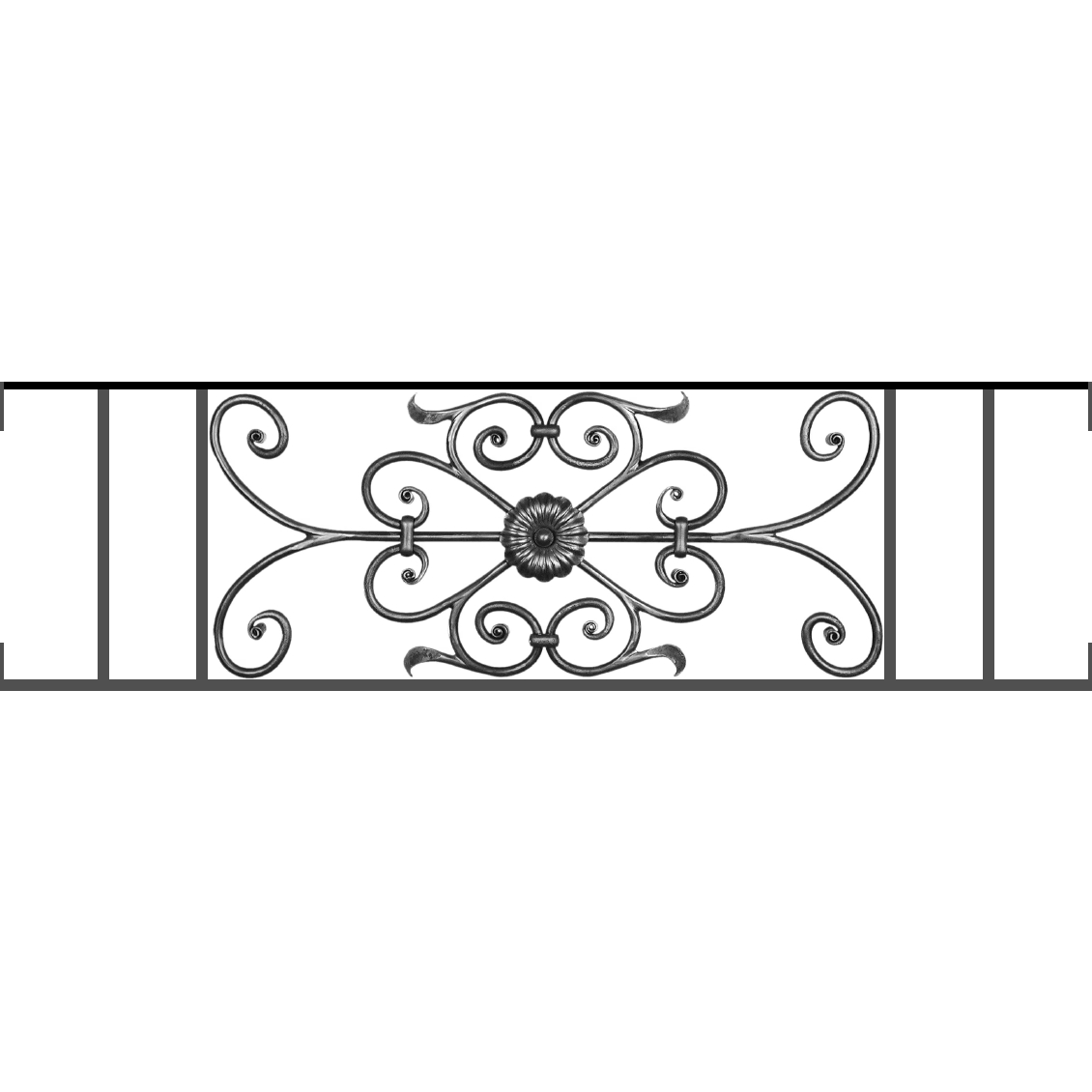 Appui de fenêtre type AF009 à visser dans votre tableau de fenêtre. Longueur finie de 1130mm et Hauteur finie de 320mm. Convient pour les tableaux de fenêtre de 1130mm. Main courante laminée de 1130mm de long en fer forgé sur le dessus. Motif au centre de 700mm de long par 300mm de haut. Le reste de la structure est en acier carré plein de 12mm de section.