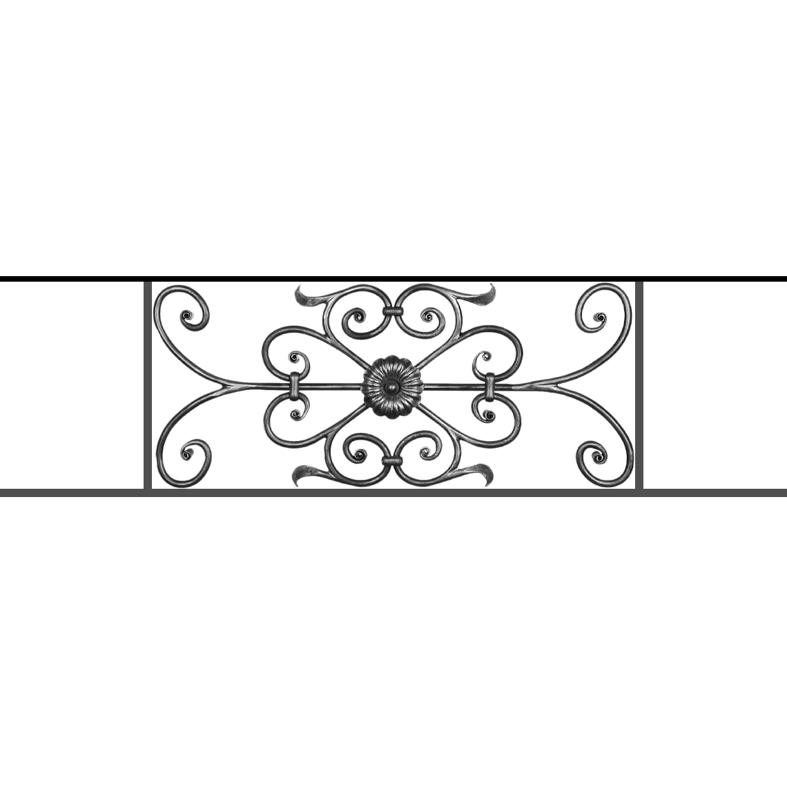 Appui de fenêtre type AF009 à sceller dans votre tableau de fenêtre. Longueur finie de 1140mm et Hauteur finie de 320mm. Convient pour les tableaux de fenêtre de 1040mm. 50mm de scellement sont prévue de chaque côté. Main courante laminée de 1040mm de long en fer forgé sur le dessus. Motif au centre de 700mm de long par 300mm de haut. Le reste de la structure est en acier carré plein de 12mm de section.