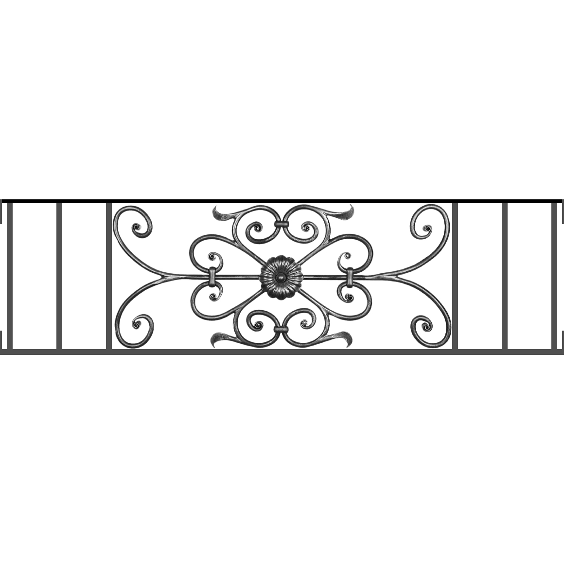 Appui de fenêtre type AF009 à visser dans votre tableau de fenêtre. Longueur finie de 1160mm et Hauteur finie de 320mm. Convient pour les tableaux de fenêtre de 1160mm. Main courante laminée de 1160mm de long en fer forgé sur le dessus. Motif au centre de 700mm de long par 300mm de haut. Le reste de la structure est en acier carré plein de 12mm de section.