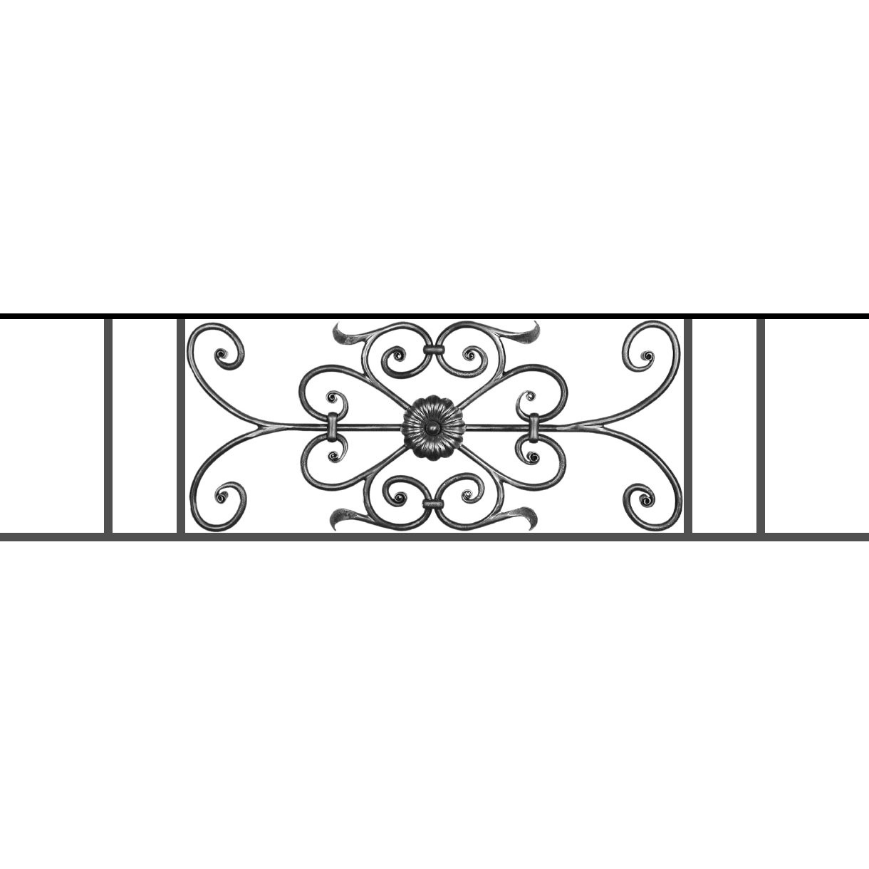 Appui de fenêtre type AF009 à sceller dans votre tableau de fenêtre. Longueur finie de 1220mm et Hauteur finie de 320mm. Convient pour les tableaux de fenêtre de 1120mm. 50mm de scellement sont prévue de chaque côté. Main courante laminée de 1120mm de long en fer forgé sur le dessus. Motif au centre de 700mm de long par 300mm de haut. Le reste de la structure est en acier carré plein de 12mm de section.
