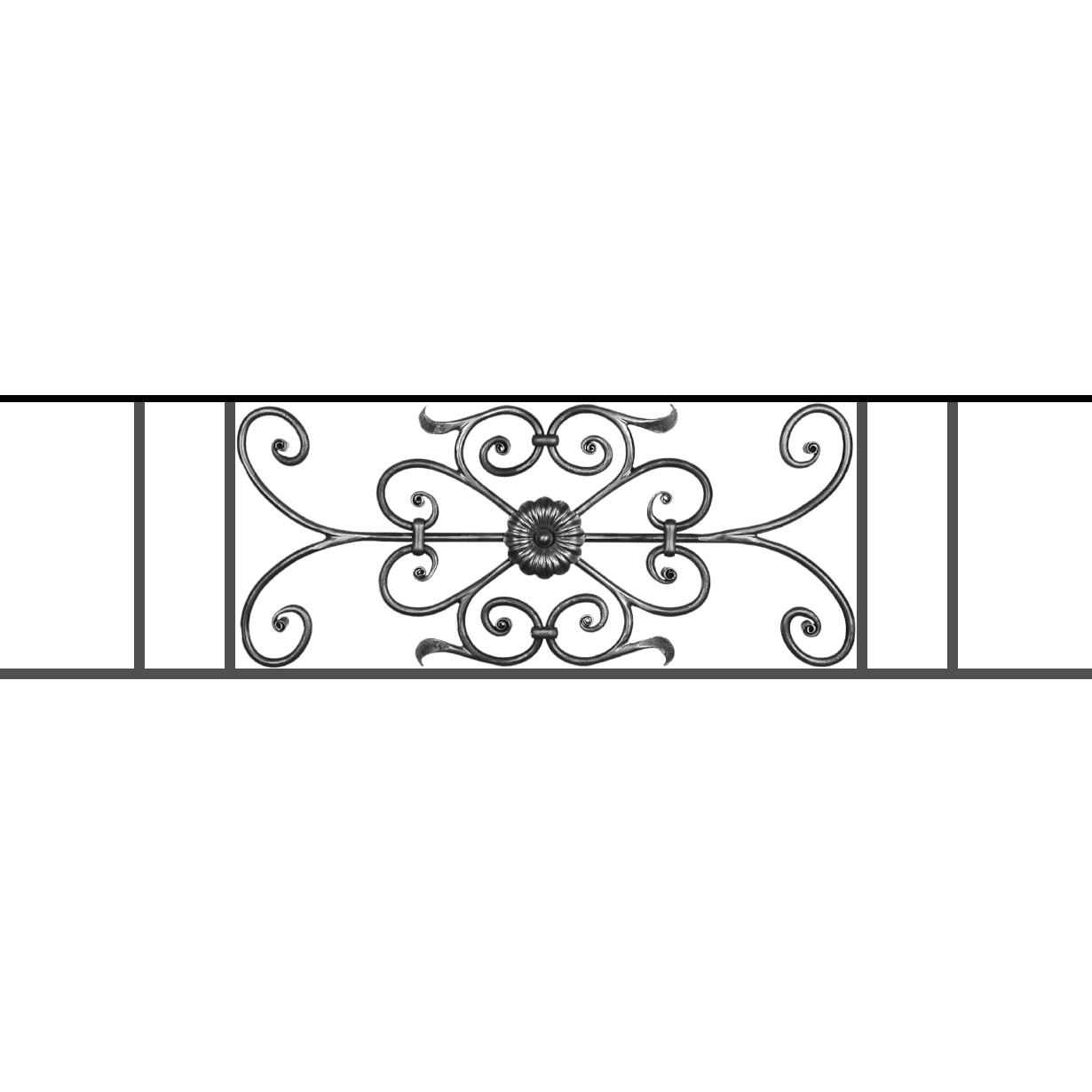 Appui de fenêtre type AF009 à sceller dans votre tableau de fenêtre. Longueur finie de 1230mm et Hauteur finie de 320mm. Convient pour les tableaux de fenêtre de 1130mm. 50mm de scellement sont prévue de chaque côté. Main courante laminée de 1130mm de long en fer forgé sur le dessus. Motif au centre de 700mm de long par 300mm de haut. Le reste de la structure est en acier carré plein de 12mm de section.