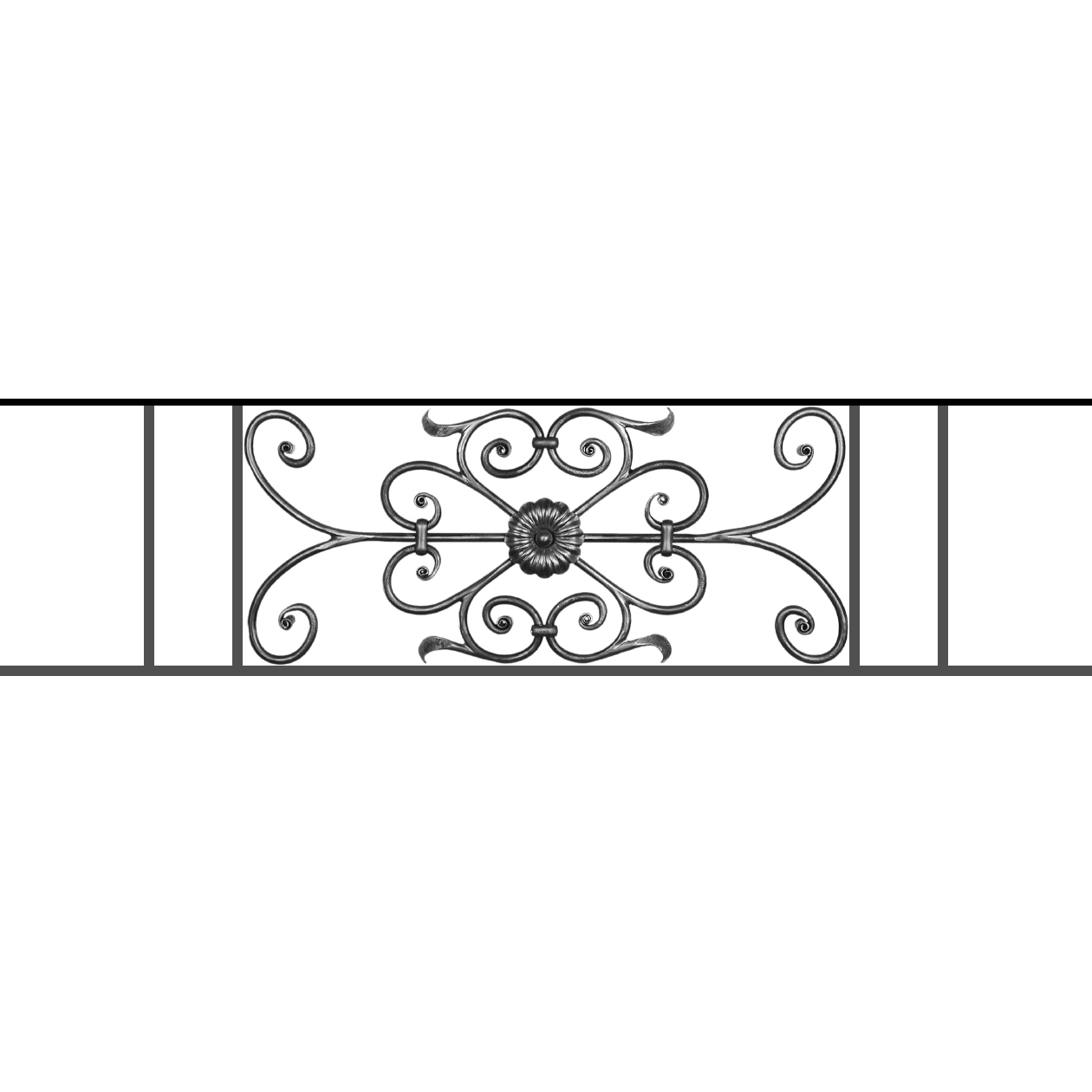 Appui de fenêtre type AF009 à sceller dans votre tableau de fenêtre. Longueur finie de 1260mm et Hauteur finie de 320mm. Convient pour les tableaux de fenêtre de 1160mm. 50mm de scellement sont prévue de chaque côté. Main courante laminée de 1160mm de long en fer forgé sur le dessus. Motif au centre de 700mm de long par 300mm de haut. Le reste de la structure est en acier carré plein de 12mm de section.