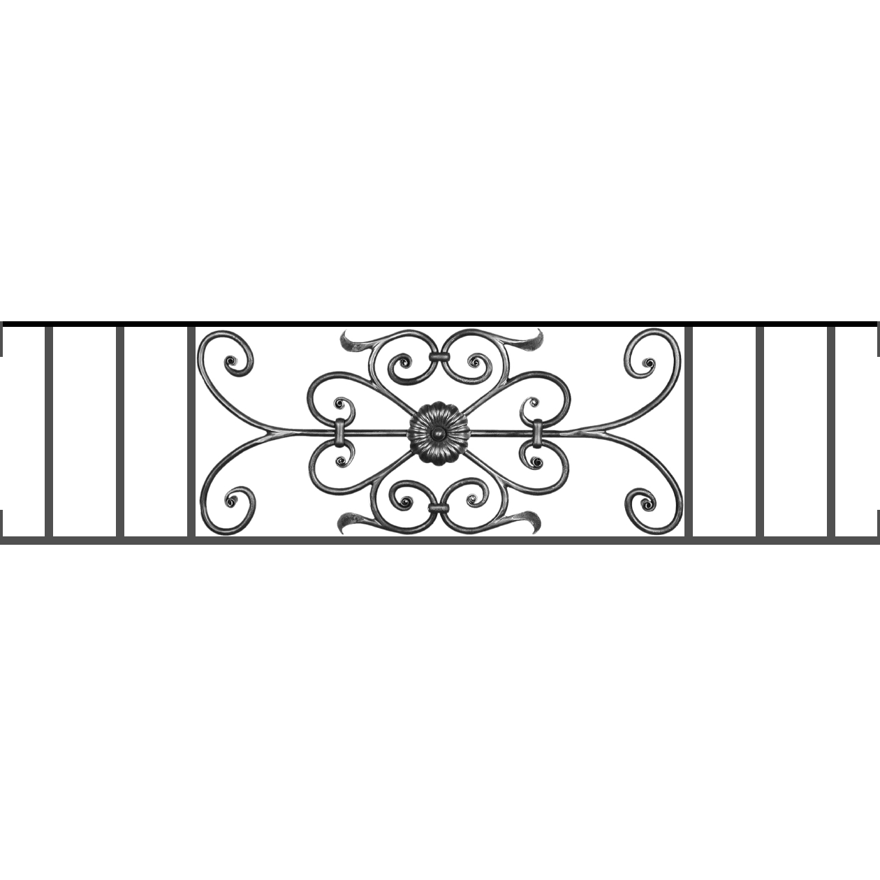 Appui de fenêtre type AF009 à visser dans votre tableau de fenêtre. Longueur finie de 1260mm et Hauteur finie de 320mm. Convient pour les tableaux de fenêtre de 1260mm. Main courante laminée de 1260mm de long en fer forgé sur le dessus. Motif au centre de 700mm de long par 300mm de haut. Le reste de la structure est en acier carré plein de 12mm de section.