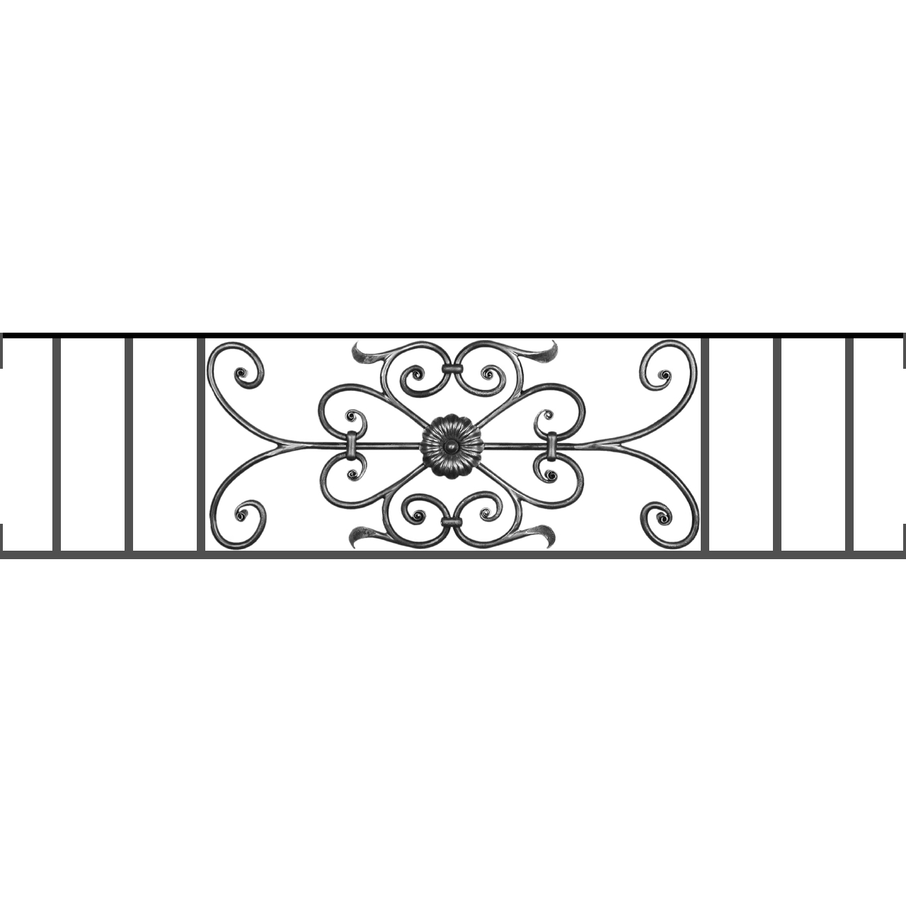Appui de fenêtre type AF009 à visser dans votre tableau de fenêtre. Longueur finie de 1280mm et Hauteur finie de 320mm. Convient pour les tableaux de fenêtre de 1280mm. Main courante laminée de 1280mm de long en fer forgé sur le dessus. Motif au centre de 700mm de long par 300mm de haut. Le reste de la structure est en acier carré plein de 12mm de section.