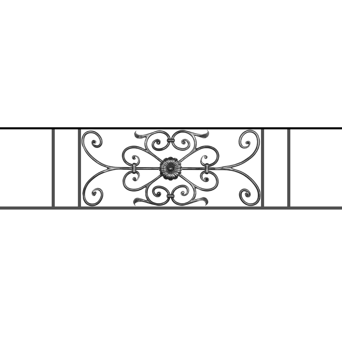 Appui de fenêtre type AF009 à sceller dans votre tableau de fenêtre. Longueur finie de 1330mm et Hauteur finie de 320mm. Convient pour les tableaux de fenêtre de 1230mm. 50mm de scellement sont prévue de chaque côté. Main courante laminée de 1230mm de long en fer forgé sur le dessus. Motif au centre de 700mm de long par 300mm de haut. Le reste de la structure est en acier carré plein de 12mm de section.