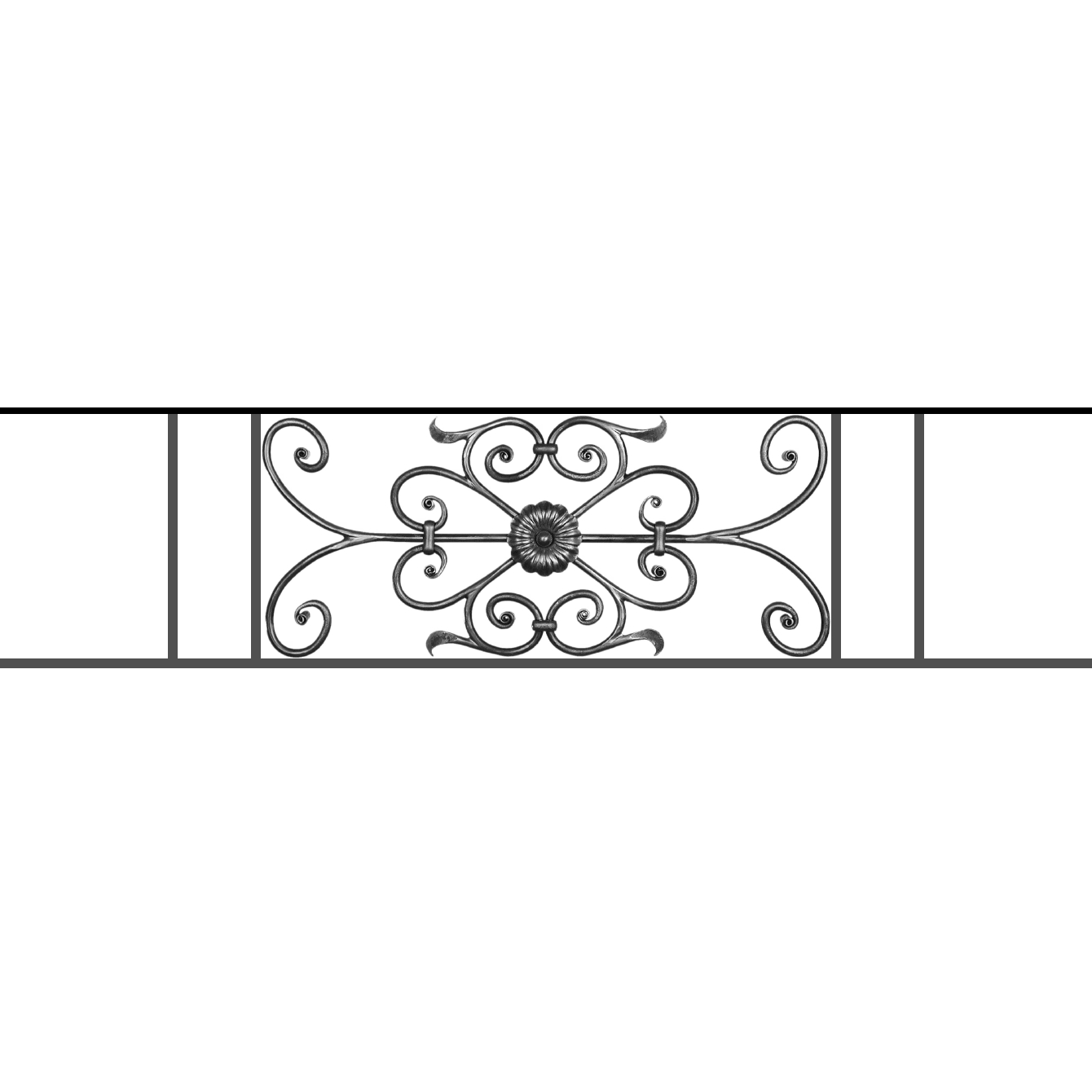 Appui de fenêtre type AF009 à sceller dans votre tableau de fenêtre. Longueur finie de 1340mm et Hauteur finie de 320mm. Convient pour les tableaux de fenêtre de 1240mm. 50mm de scellement sont prévue de chaque côté. Main courante laminée de 1240mm de long en fer forgé sur le dessus. Motif au centre de 700mm de long par 300mm de haut. Le reste de la structure est en acier carré plein de 12mm de section.