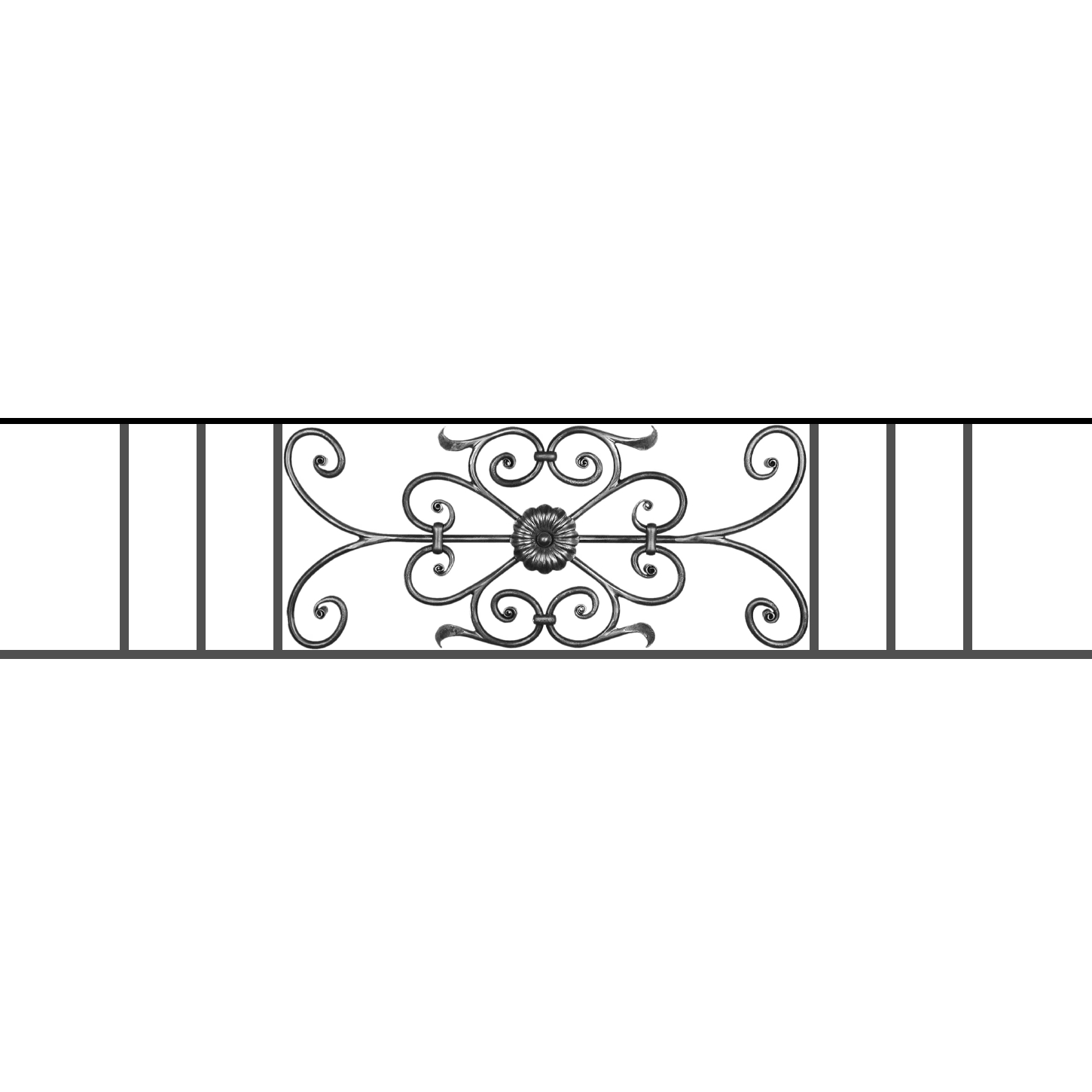 Appui de fenêtre type AF009 à sceller dans votre tableau de fenêtre. Longueur finie de 1450mm et Hauteur finie de 320mm. Convient pour les tableaux de fenêtre de 1350mm. 50mm de scellement sont prévue de chaque côté. Main courante laminée de 1350mm de long en fer forgé sur le dessus. Motif au centre de 700mm de long par 300mm de haut. Le reste de la structure est en acier carré plein de 12mm de section.