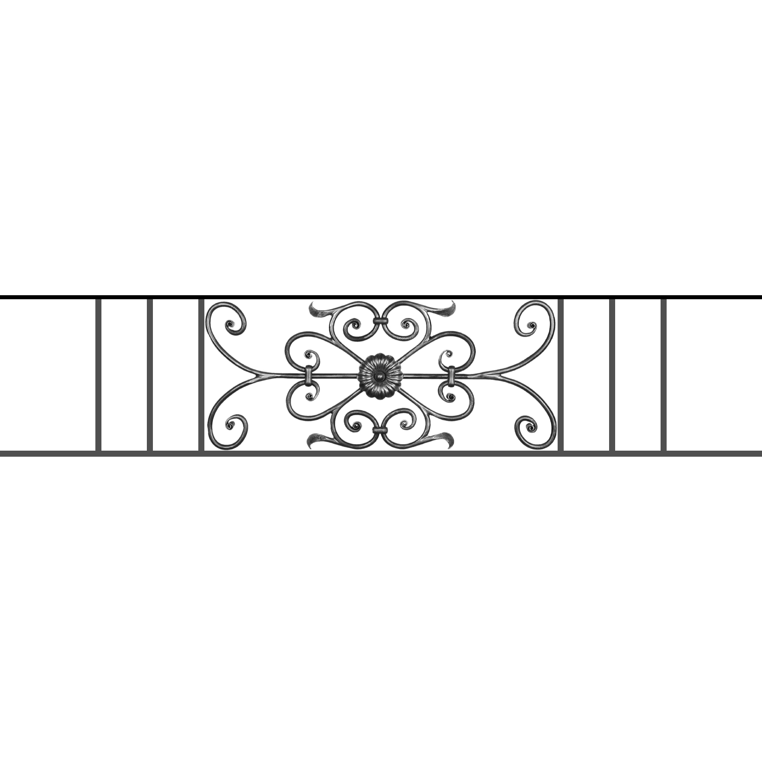 Appui de fenêtre type AF009 à sceller dans votre tableau de fenêtre. Longueur finie de 1510mm et Hauteur finie de 320mm. Convient pour les tableaux de fenêtre de 1410mm. 50mm de scellement sont prévue de chaque côté. Main courante laminée de 1410mm de long en fer forgé sur le dessus. Motif au centre de 700mm de long par 300mm de haut. Le reste de la structure est en acier carré plein de 12mm de section.