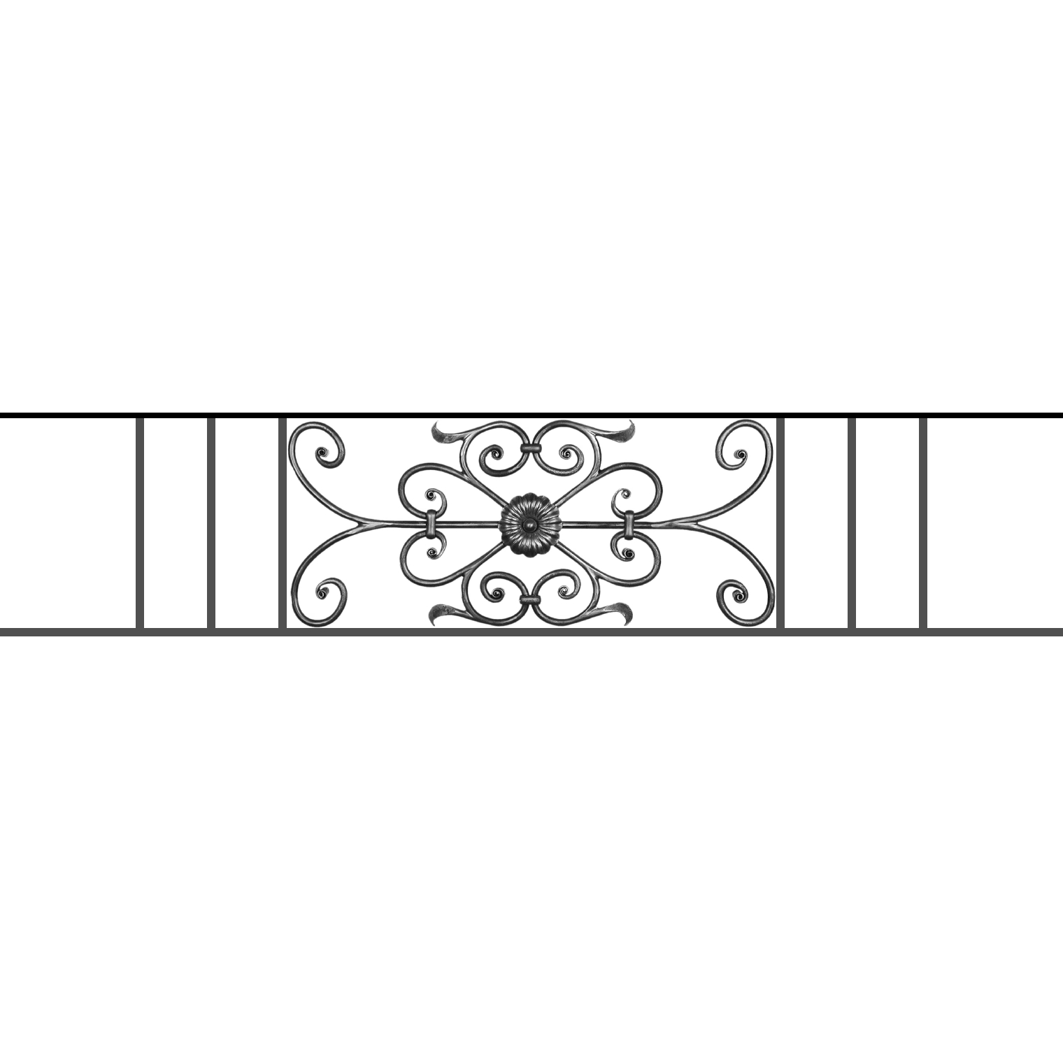 Appui de fenêtre type AF009 à sceller dans votre tableau de fenêtre. Longueur finie de 1520mm et Hauteur finie de 320mm. Convient pour les tableaux de fenêtre de 1420mm. 50mm de scellement sont prévue de chaque côté. Main courante laminée de 1420mm de long en fer forgé sur le dessus. Motif au centre de 700mm de long par 300mm de haut. Le reste de la structure est en acier carré plein de 12mm de section.