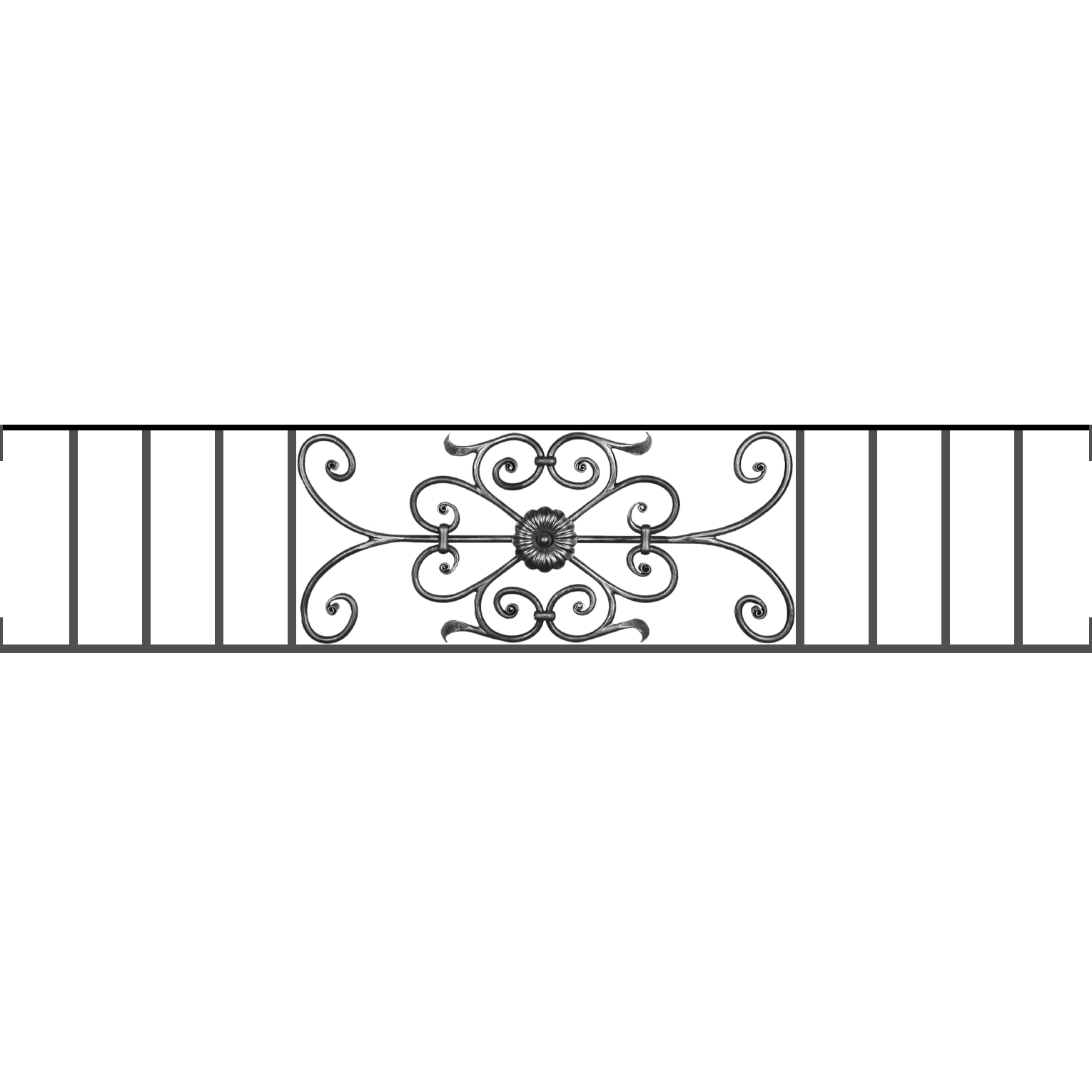 Appui de fenêtre type AF009 à visser dans votre tableau de fenêtre. Longueur finie de 1530mm et Hauteur finie de 320mm. Convient pour les tableaux de fenêtre de 1530mm. Main courante laminée de 1530mm de long en fer forgé sur le dessus. Motif au centre de 700mm de long par 300mm de haut. Le reste de la structure est en acier carré plein de 12mm de section.
