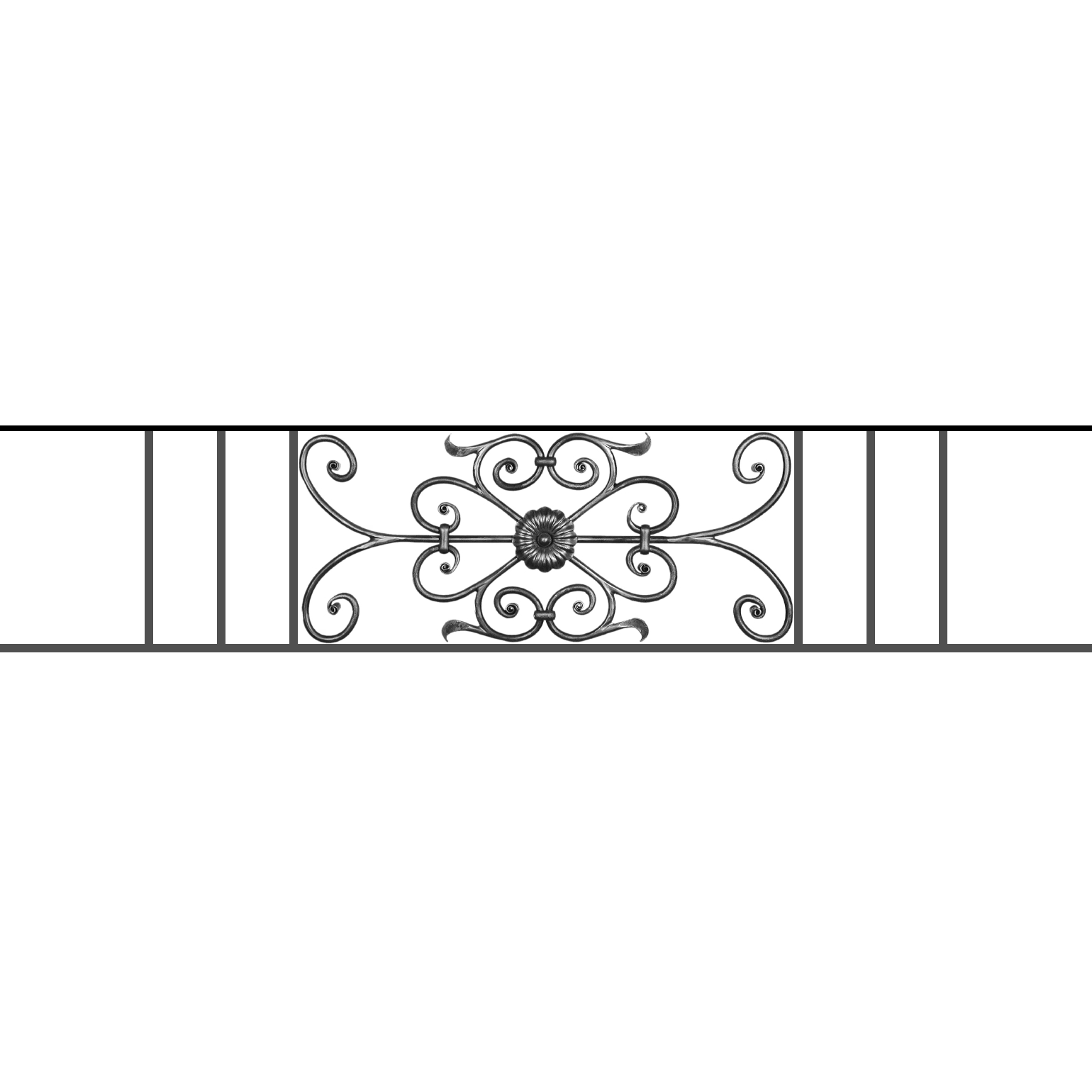 Appui de fenêtre type AF009 à sceller dans votre tableau de fenêtre. Longueur finie de 1540mm et Hauteur finie de 320mm. Convient pour les tableaux de fenêtre de 1440mm. 50mm de scellement sont prévue de chaque côté. Main courante laminée de 1440mm de long en fer forgé sur le dessus. Motif au centre de 700mm de long par 300mm de haut. Le reste de la structure est en acier carré plein de 12mm de section.