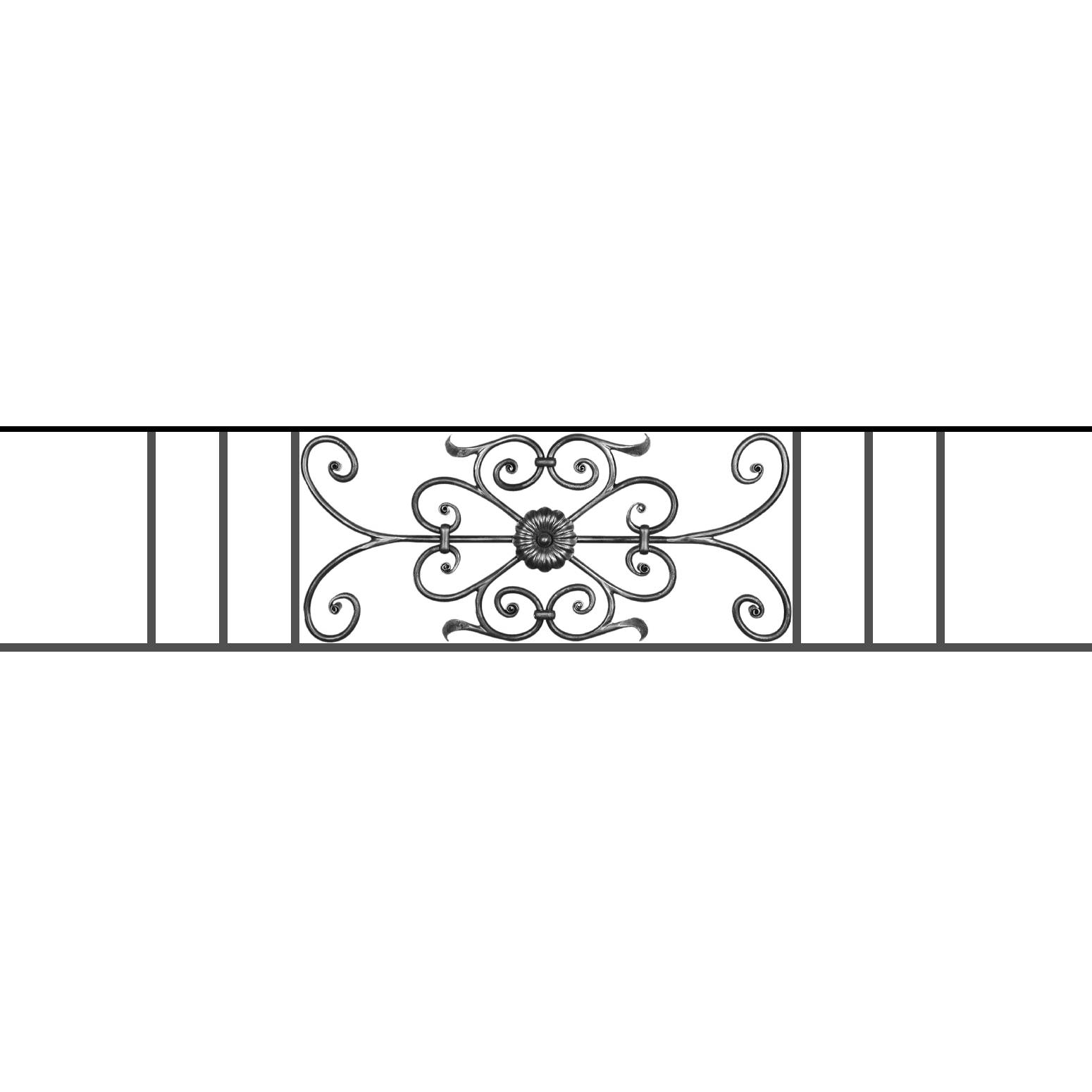 Appui de fenêtre type AF009 à sceller dans votre tableau de fenêtre. Longueur finie de 1550mm et Hauteur finie de 320mm. Convient pour les tableaux de fenêtre de 1450mm. 50mm de scellement sont prévue de chaque côté. Main courante laminée de 1450mm de long en fer forgé sur le dessus. Motif au centre de 700mm de long par 300mm de haut. Le reste de la structure est en acier carré plein de 12mm de section.