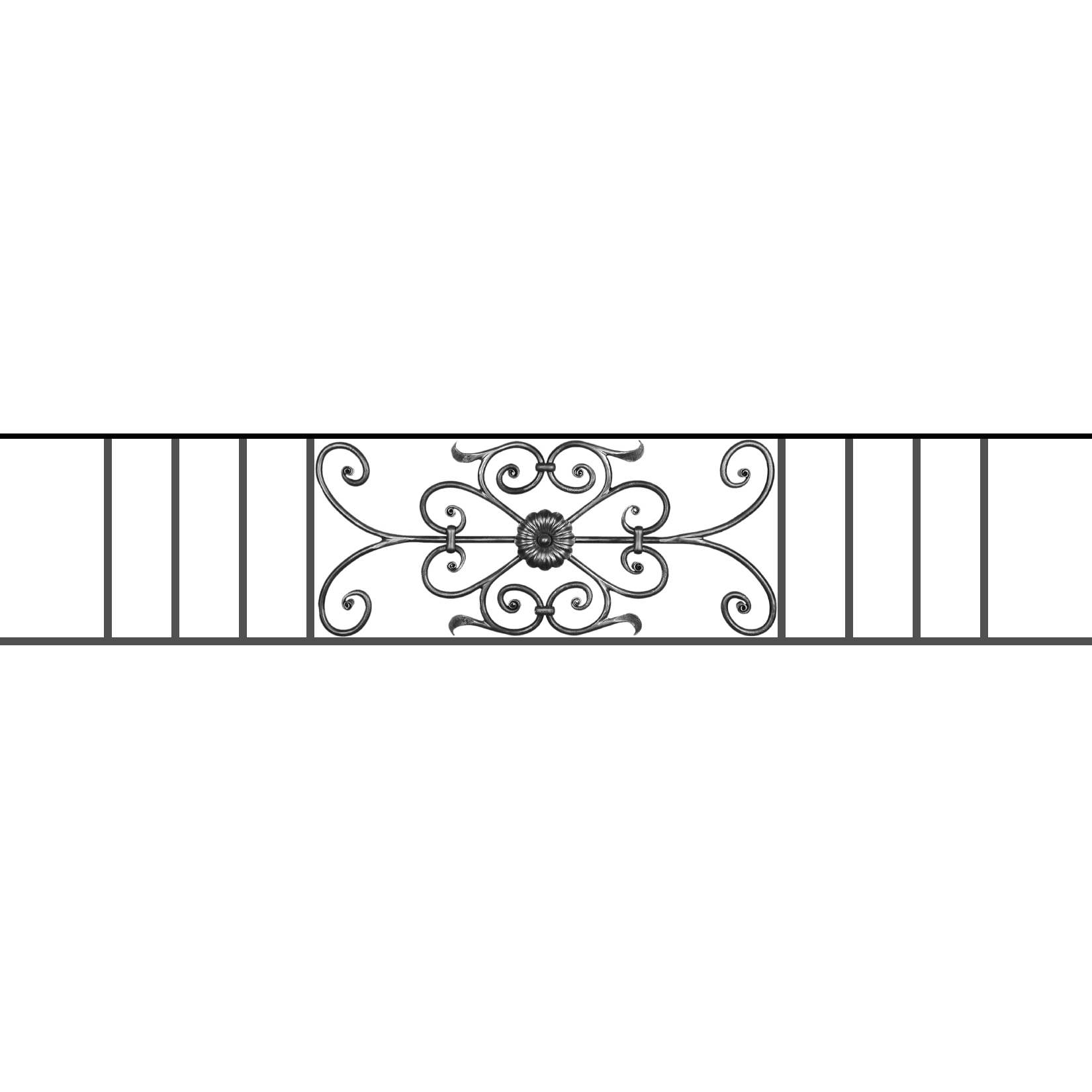 Appui de fenêtre type AF009 à sceller dans votre tableau de fenêtre. Longueur finie de 1650mm et Hauteur finie de 320mm. Convient pour les tableaux de fenêtre de 1550mm. 50mm de scellement sont prévue de chaque côté. Main courante laminée de 1550mm de long en fer forgé sur le dessus. Motif au centre de 700mm de long par 300mm de haut. Le reste de la structure est en acier carré plein de 12mm de section.