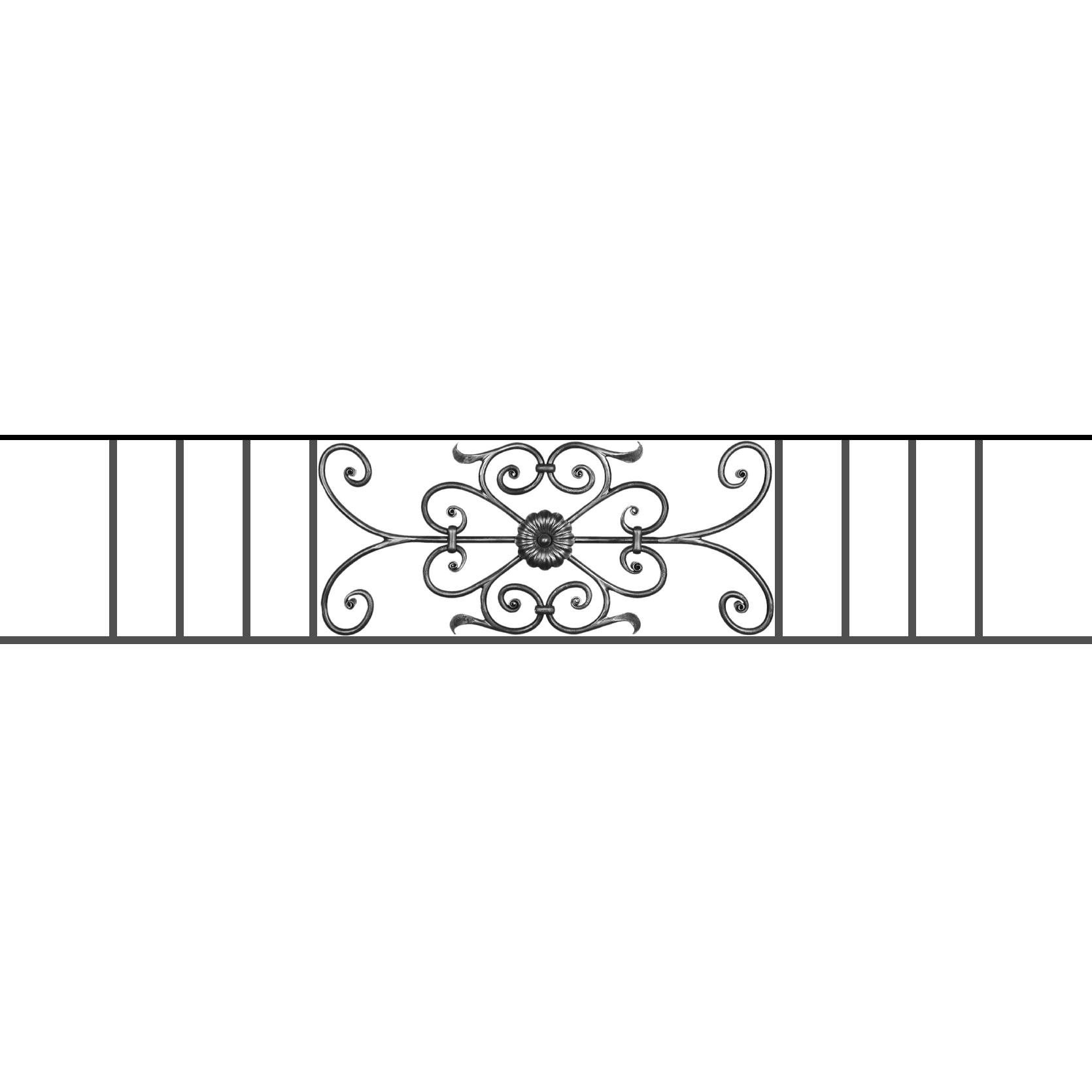 Appui de fenêtre type AF009 à sceller dans votre tableau de fenêtre. Longueur finie de 1670mm et Hauteur finie de 320mm. Convient pour les tableaux de fenêtre de 1570mm. 50mm de scellement sont prévue de chaque côté. Main courante laminée de 1570mm de long en fer forgé sur le dessus. Motif au centre de 700mm de long par 300mm de haut. Le reste de la structure est en acier carré plein de 12mm de section.