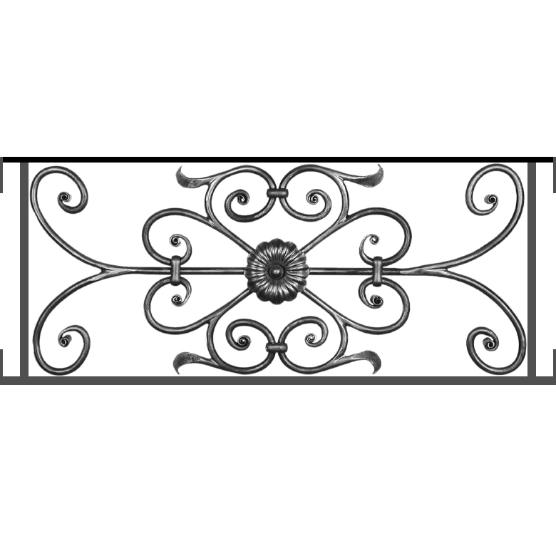 Appui de fenêtre type AF009 à visser dans votre tableau de fenêtre. Longueur finie de 780mm et Hauteur finie de 320mm. Convient pour les tableaux de fenêtre de 780mm. Main courante laminée de 780mm de long en fer forgé sur le dessus. Motif au centre de 700mm de long par 300mm de haut. Le reste de la structure est en acier carré plein de 12mm de section.