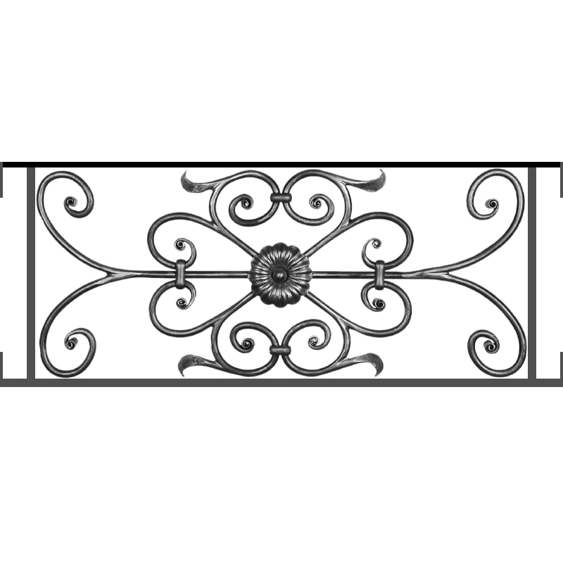 Appui de fenêtre type AF009 à visser dans votre tableau de fenêtre. Longueur finie de 800mm et Hauteur finie de 320mm. Convient pour les tableaux de fenêtre de 800mm. Main courante laminée de 800mm de long en fer forgé sur le dessus. Motif au centre de 700mm de long par 300mm de haut. Le reste de la structure est en acier carré plein de 12mm de section.