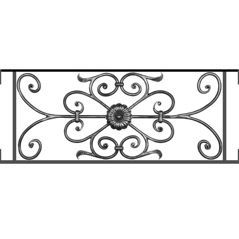 Appui de fenêtre type AF009 à visser dans votre tableau de fenêtre. Longueur finie de 810mm et Hauteur finie de 320mm. Convient pour les tableaux de fenêtre de 810mm. Main courante laminée de 810mm de long en fer forgé sur le dessus. Motif au centre de 700mm de long par 300mm de haut. Le reste de la structure est en acier carré plein de 12mm de section.