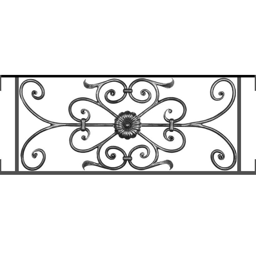 Appui de fenêtre type AF009 à visser dans votre tableau de fenêtre. Longueur finie de 820mm et Hauteur finie de 320mm. Convient pour les tableaux de fenêtre de 820mm. Main courante laminée de 820mm de long en fer forgé sur le dessus. Motif au centre de 700mm de long par 300mm de haut. Le reste de la structure est en acier carré plein de 12mm de section.