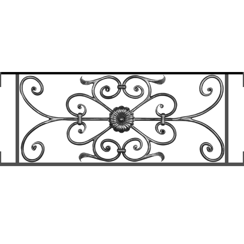 Appui de fenêtre type AF009 à visser dans votre tableau de fenêtre. Longueur finie de 830mm et Hauteur finie de 320mm. Convient pour les tableaux de fenêtre de 830mm. Main courante laminée de 830mm de long en fer forgé sur le dessus. Motif au centre de 700mm de long par 300mm de haut. Le reste de la structure est en acier carré plein de 12mm de section.