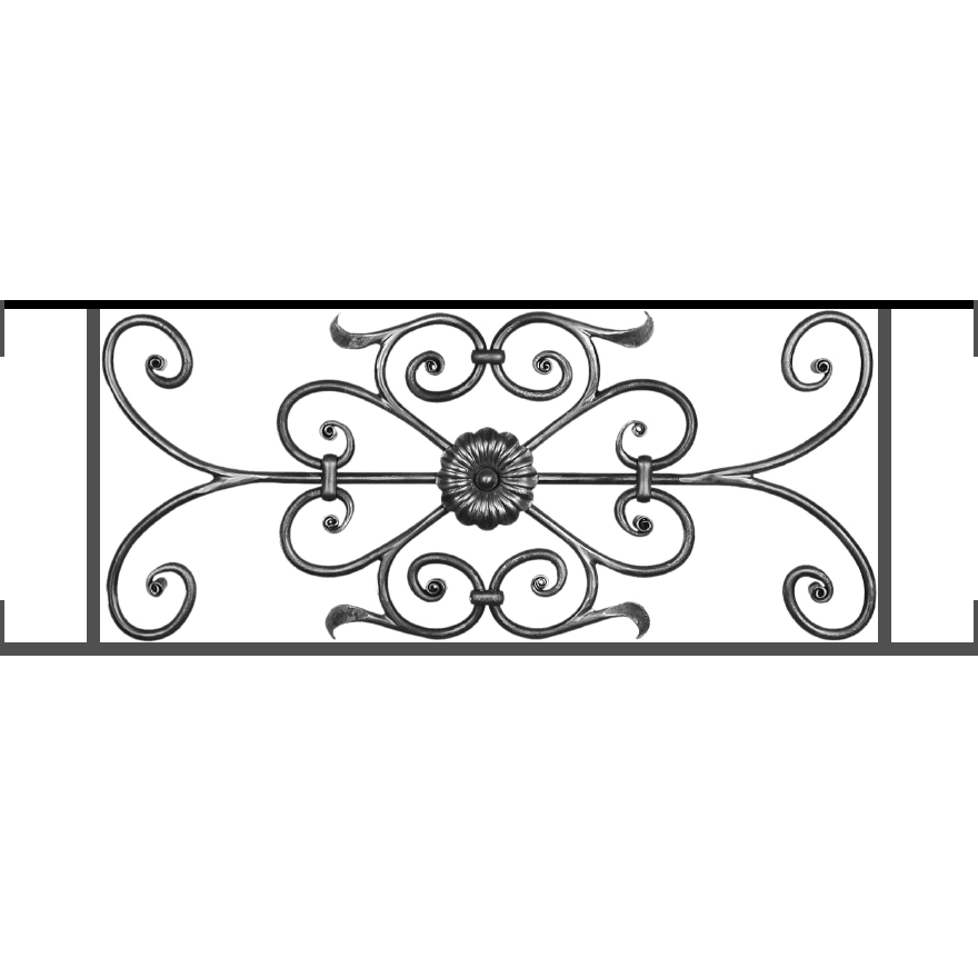 Appui de fenêtre type AF009 à visser dans votre tableau de fenêtre. Longueur finie de 880mm et Hauteur finie de 320mm. Convient pour les tableaux de fenêtre de 880mm. Main courante laminée de 880mm de long en fer forgé sur le dessus. Motif au centre de 700mm de long par 300mm de haut. Le reste de la structure est en acier carré plein de 12mm de section.