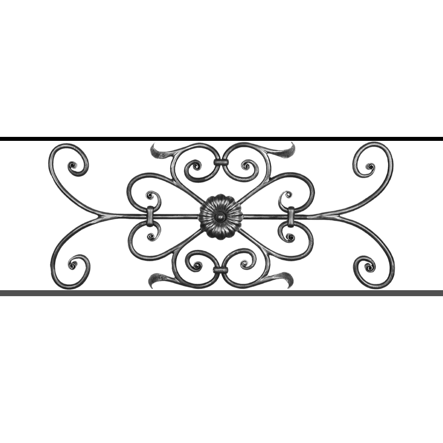 Appui de fenêtre type AF009 à sceller dans votre tableau de fenêtre. Longueur finie de 890mm et Hauteur finie de 320mm. Convient pour les tableaux de fenêtre de 790mm. 50mm de scellement sont prévue de chaque côté. Main courante laminée de 790mm de long en fer forgé sur le dessus. Motif au centre de 700mm de long par 300mm de haut. Le reste de la structure est en acier carré plein de 12mm de section.