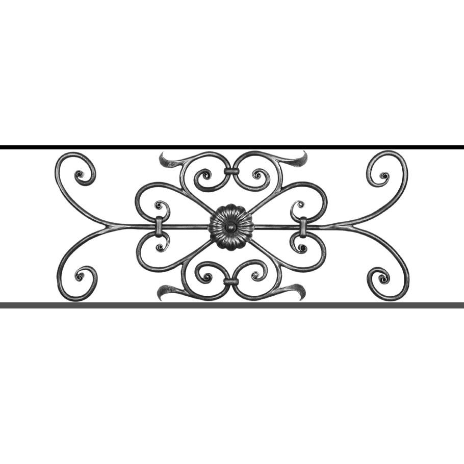 Appui de fenêtre type AF009 à sceller dans votre tableau de fenêtre. Longueur finie de 910mm et Hauteur finie de 320mm. Convient pour les tableaux de fenêtre de 810mm. 50mm de scellement sont prévue de chaque côté. Main courante laminée de 810mm de long en fer forgé sur le dessus. Motif au centre de 700mm de long par 300mm de haut. Le reste de la structure est en acier carré plein de 12mm de section.