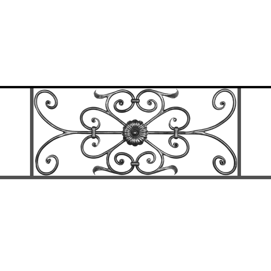Appui de fenêtre type AF009 à sceller dans votre tableau de fenêtre. Longueur finie de 930mm et Hauteur finie de 320mm. Convient pour les tableaux de fenêtre de 830mm. 50mm de scellement sont prévue de chaque côté. Main courante laminée de 830mm de long en fer forgé sur le dessus. Motif au centre de 700mm de long par 300mm de haut. Le reste de la structure est en acier carré plein de 12mm de section.